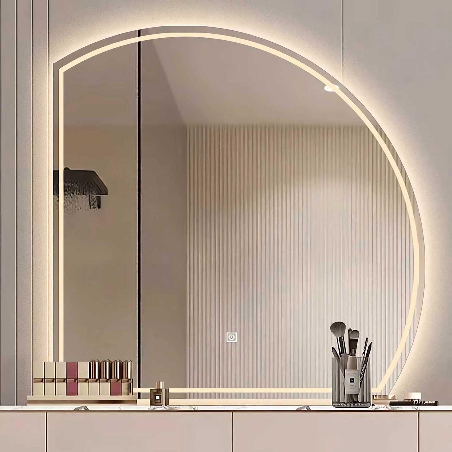 Semicircular Bathroom Mirror Lighted Vanity Wall LED Bathroom Mirror Modern Decorative Dimmable for The Living Room Bathroom Bedroom and Entryway(Left,60cm/24in)