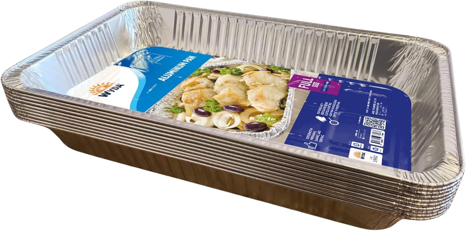 Wyda Full-Size Aluminum Pans – 10 Pack | Heavy-Duty 20x12x3” Foil Trays for Roasting, Baking, Catering & Grilling | Disposable Chafing Pans – Made in USA, Recyclable