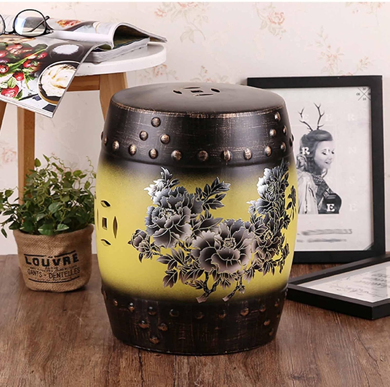 Decorative garden stools, Country Retro and Old Ceramic Drum Stool, Painted Ceramic Stool, European Style Dressing Stool and Shoe Replacement Stool.(Green)