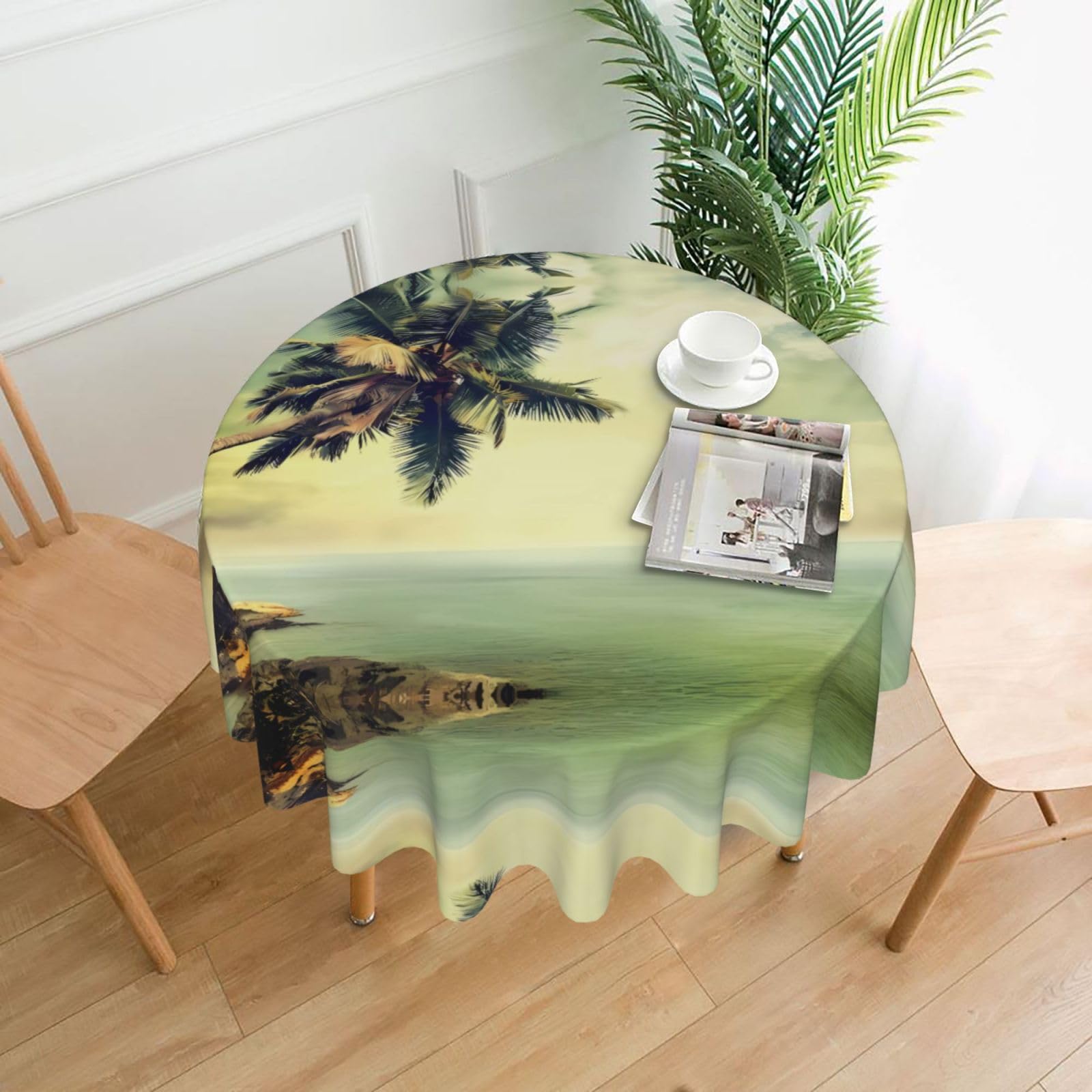 YYHWHJDE Palm Tree Rocky Shore Prints Round Decorative Tablecloth 60in - High-Grade Polyester Throw for Elegant Dining & Festive Gatherings