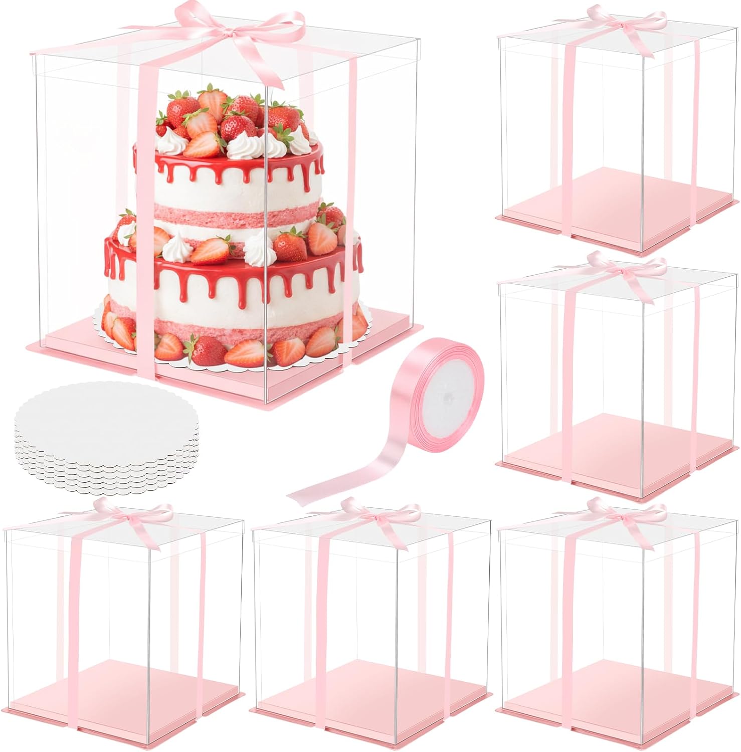 Watersay 6 Packs Large 12''x12''x13'' Clear Cake Box with Round Cake Boards and Ribbon Taller Box Carrier Tiered Transparent Gift Container with Lid & Board for Birthday Wedding Festival Party(Pink)