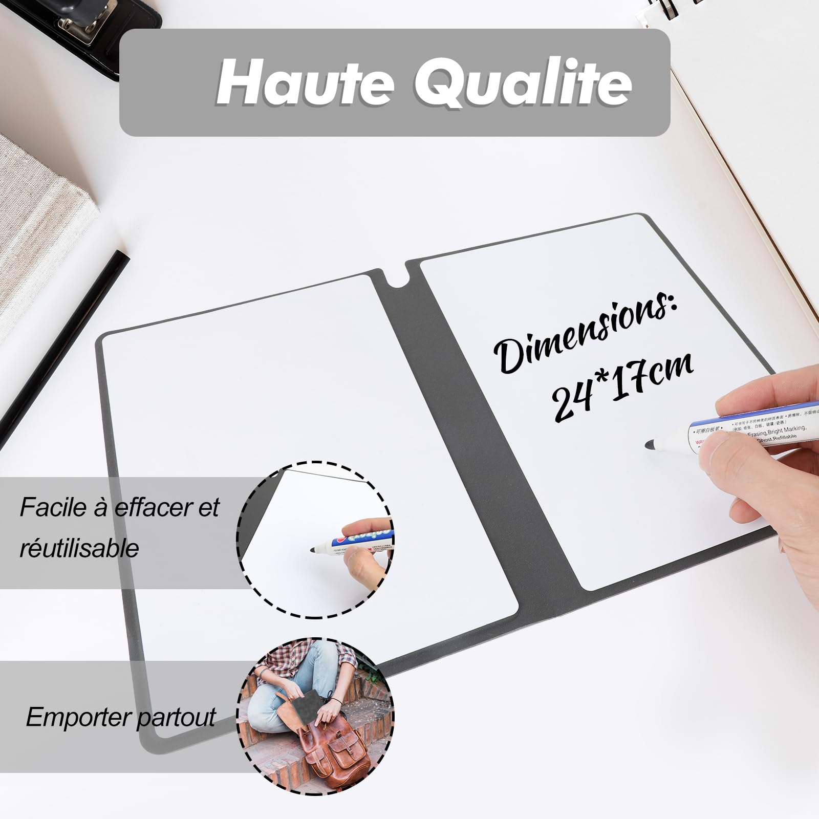Tableau Blanc Portable A5 Double Face - Effaçable à Sec - Pliable - Pour Bureau, Maison, Réunions