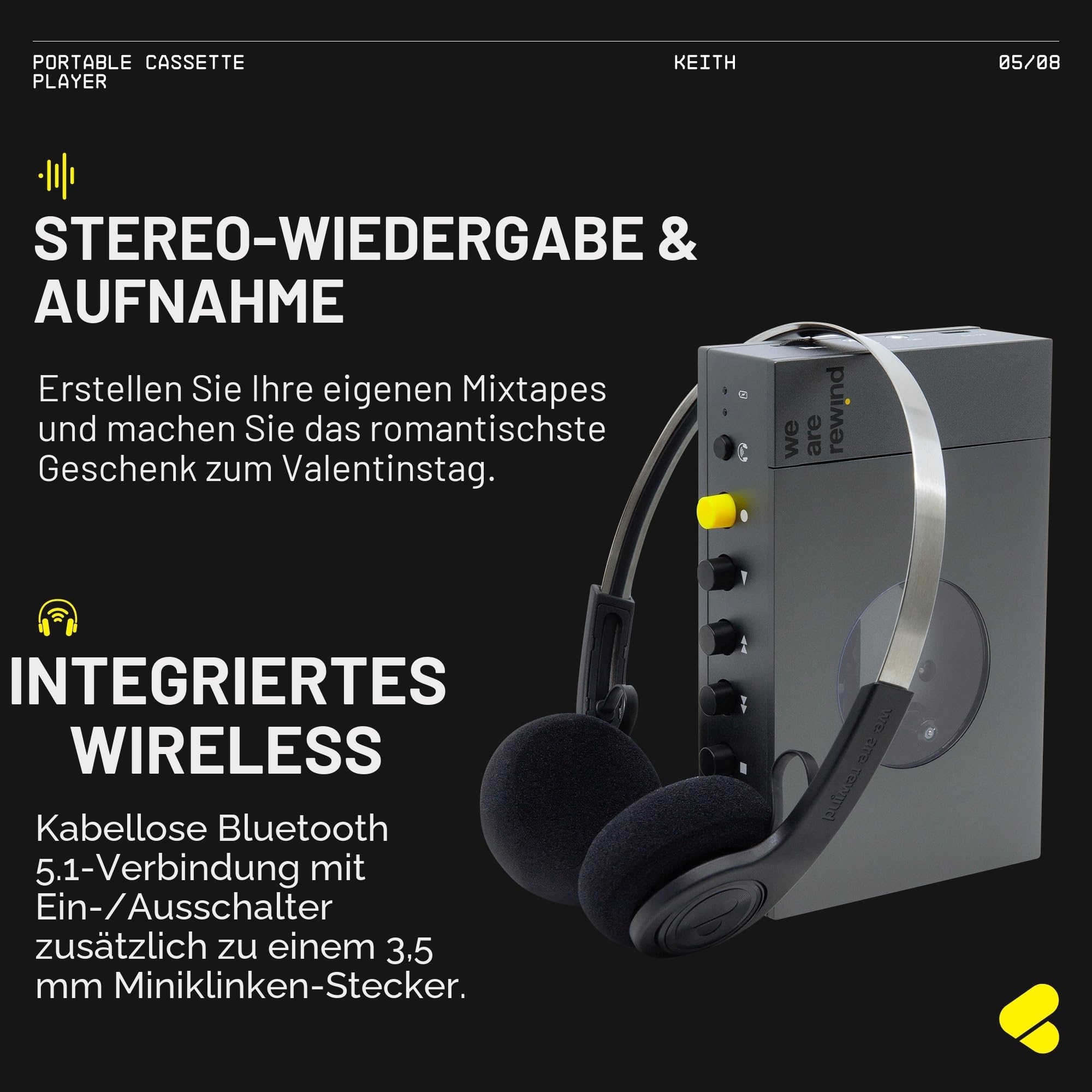 We are Rewind Tragbarer Kassettenspieler – Kassettenrekorder mit Bluetooth-Verbindung, Lautsprecher oder Kopfhörer, 3,5-mm-Audiokabel – (Kurt, Grau)