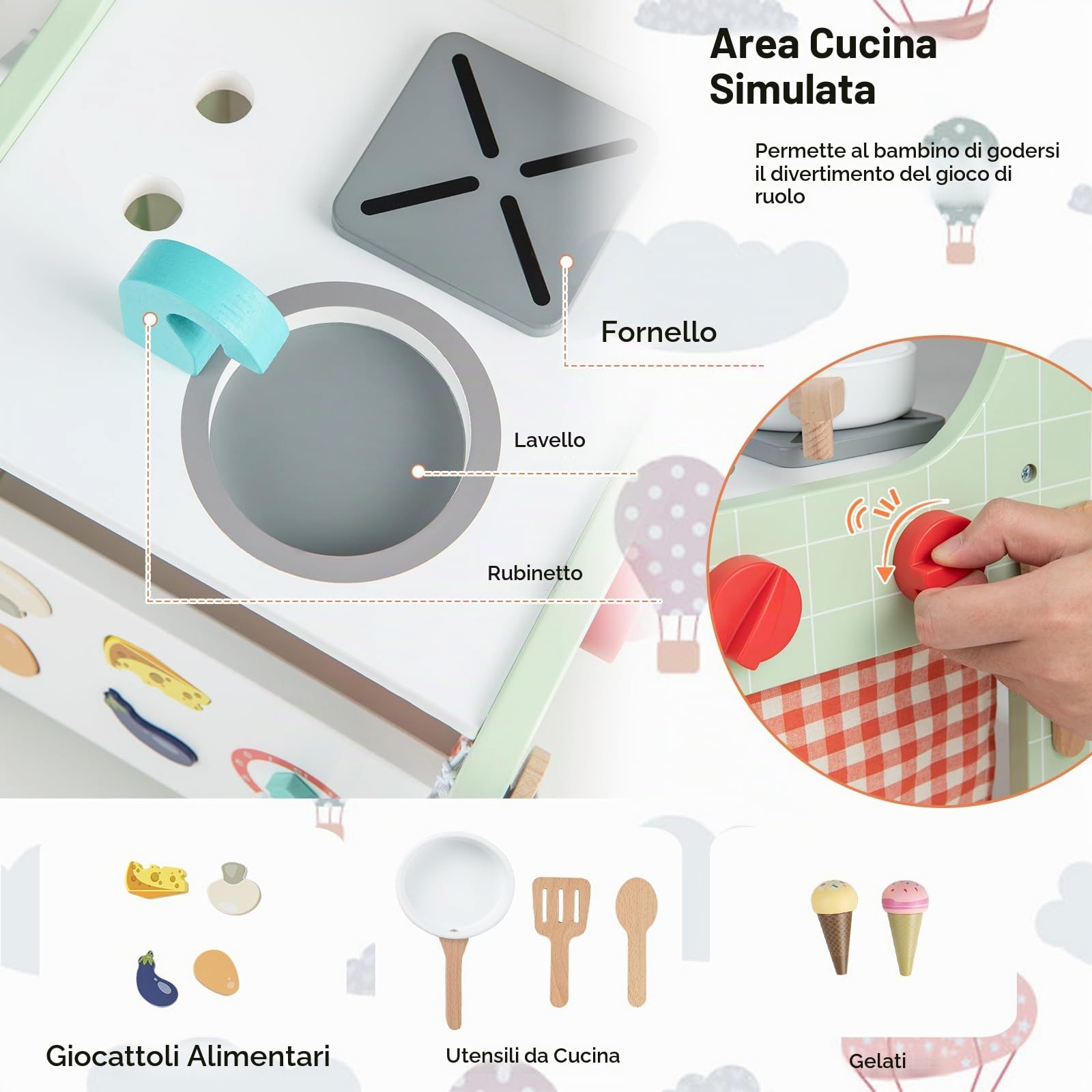 LIFEZEAL Carrello Primi Passi per Bambini 1+ Anni, Cucina Giocattolo, Carrellino da Spinta in Legno, Ruote Silenziose, Multiattività, Educativo, Vano Portaoggetti, Imparare a Camminare, Regalo, Verde