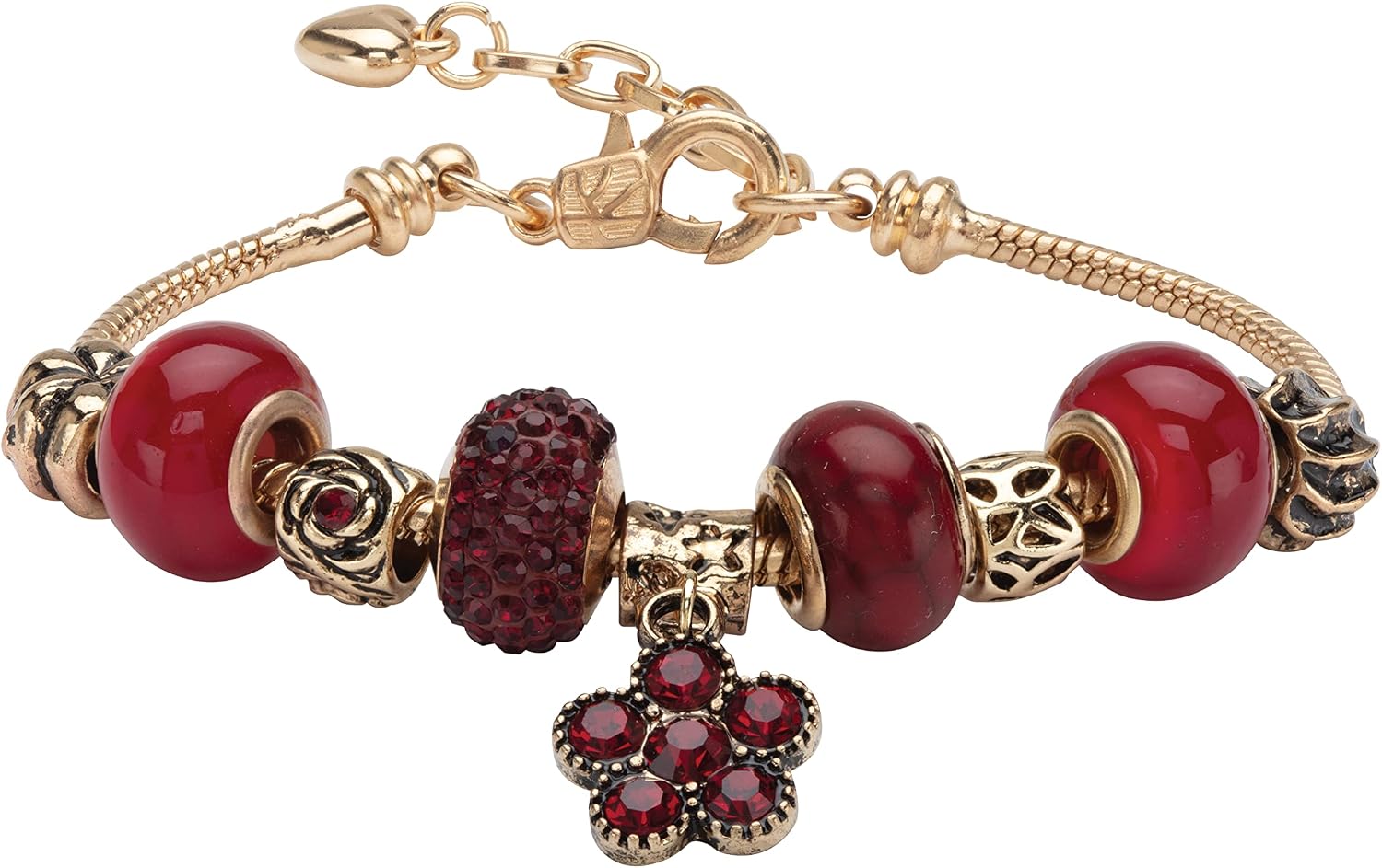 PalmBeach Goldtone Antiqued Round Simulated Birthstone Charm Bracelet (10mm), Lobster Claw Clasp, 8 inches plus 2 inch extension Month 1