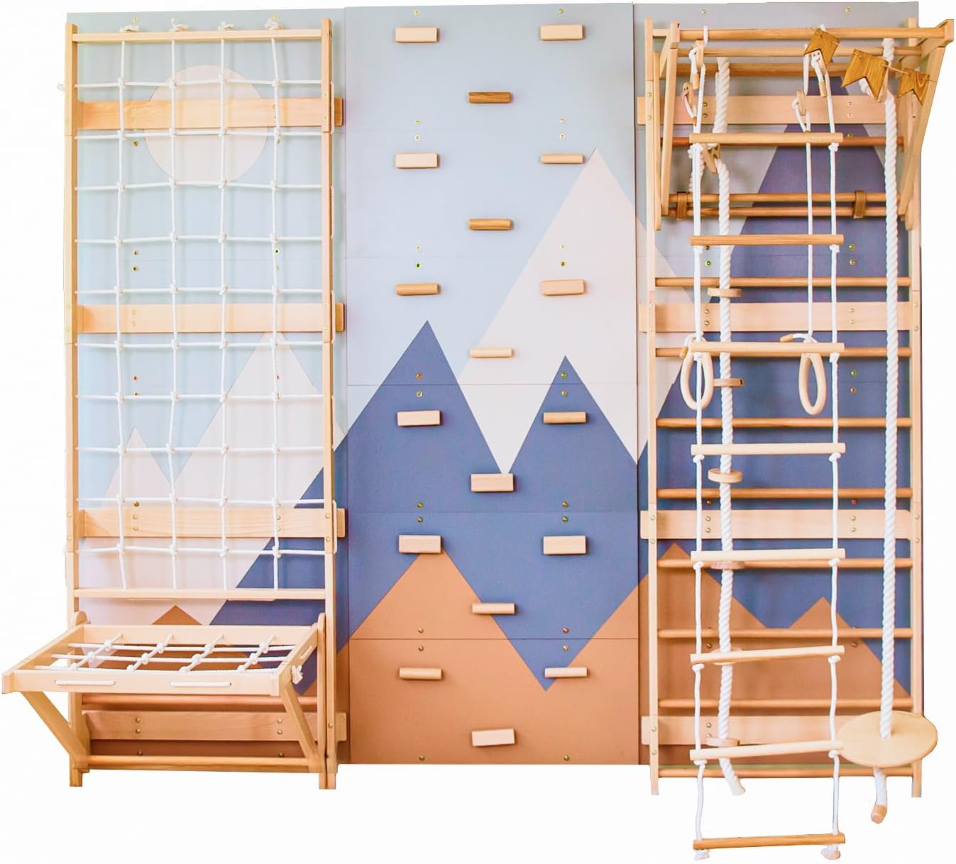 Wood And Hearts Wooden Swedish Wall Set, Indoor Jungle Gym for Kids, Toddlers, & Teens, Climbing Wall, Rope Net, Pull-Up Bar (Base Set+Rope Accessories+Sit-Up Bar)