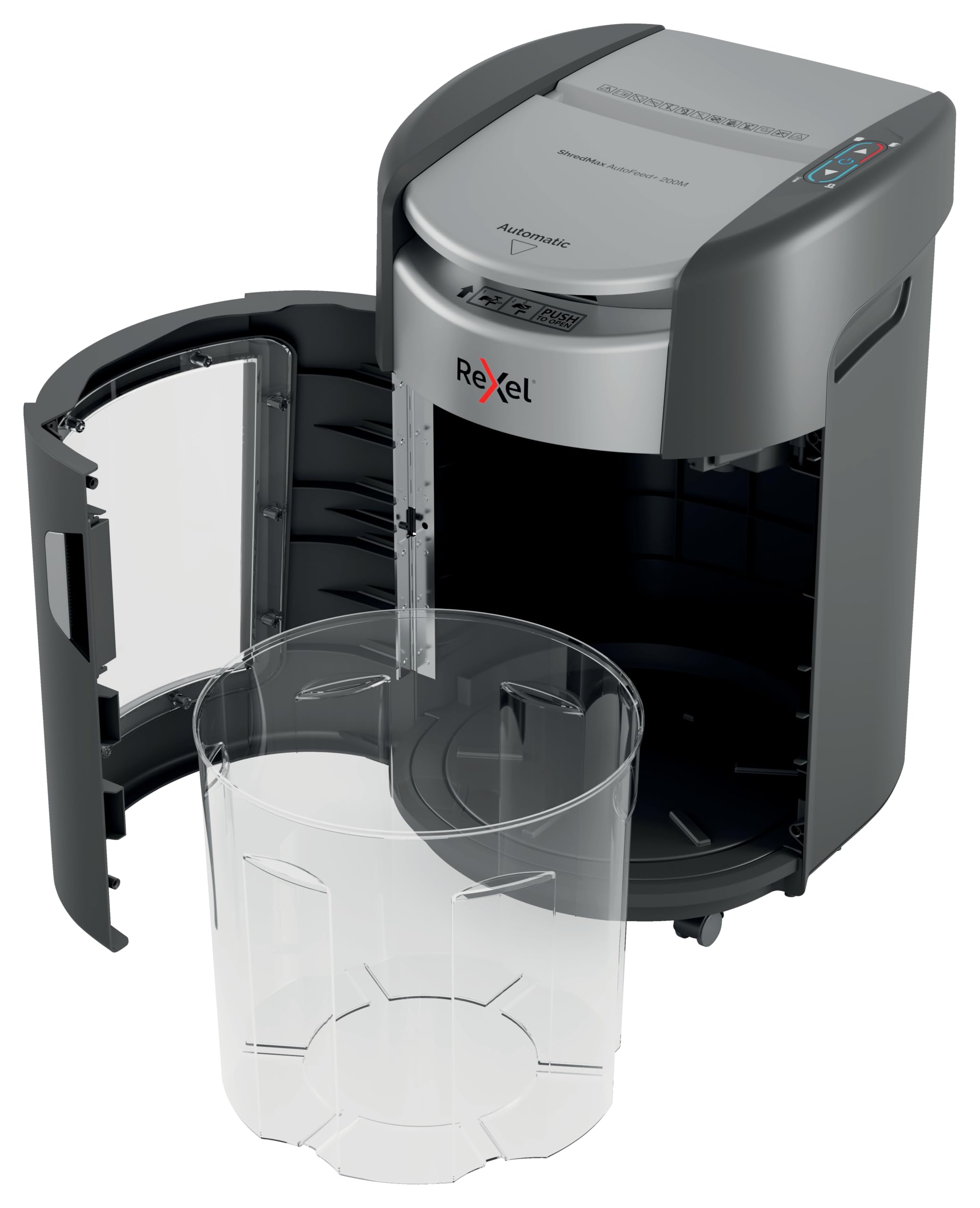 Rexel ShredMax AutoFeed+ 200M automatyczna niszczarka mikrościnki P5 | Niszczarka biurowa, zgodna z RODO, rotacja kosza, 200 arkuszy A4, kosz 21 l, <55 dBA, 30 min pracy, home office