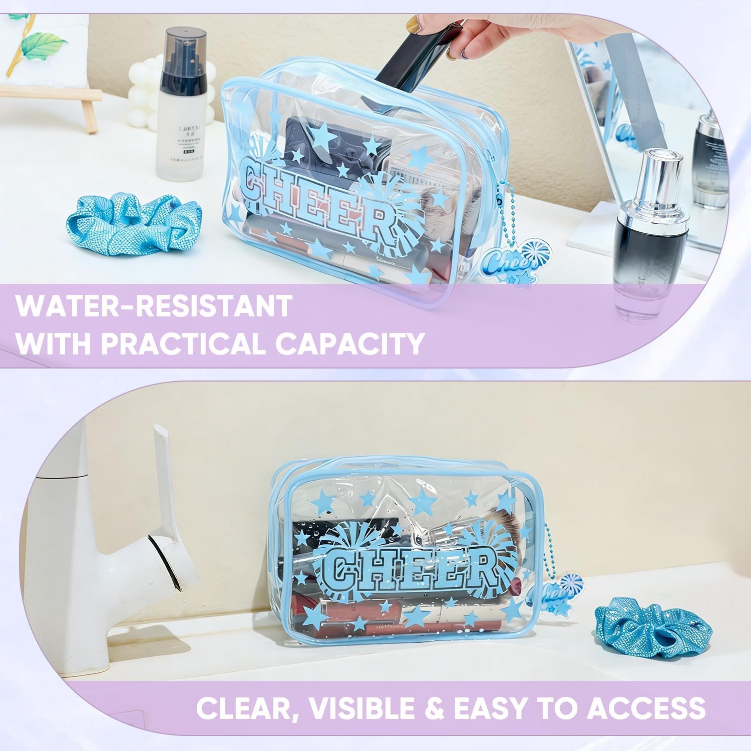 Cheerleading Makeup Bags Bulk 42 Pack, Includes 14 Clear Cosmetic Bags, 14 Cheer Keychains & 14 Hair Scrunchies, Dance Team Gifts for Girls, Cheerleader Gifts,Snack Bags(Blue)