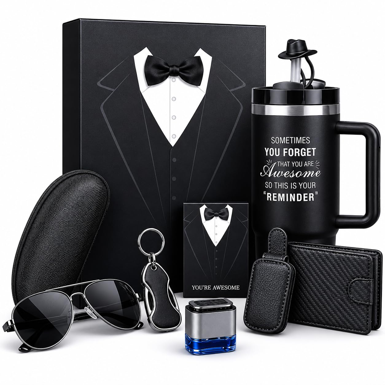Coffret Cadeau Homme 6 en 1 avec Mug Isotherme, Portefeuille, Lunettes de Soleil et Porte-Clés – Idée Cadeau Homme pour Papa, Mari, Copain, Anniversaire, Noël, Fête des Pères