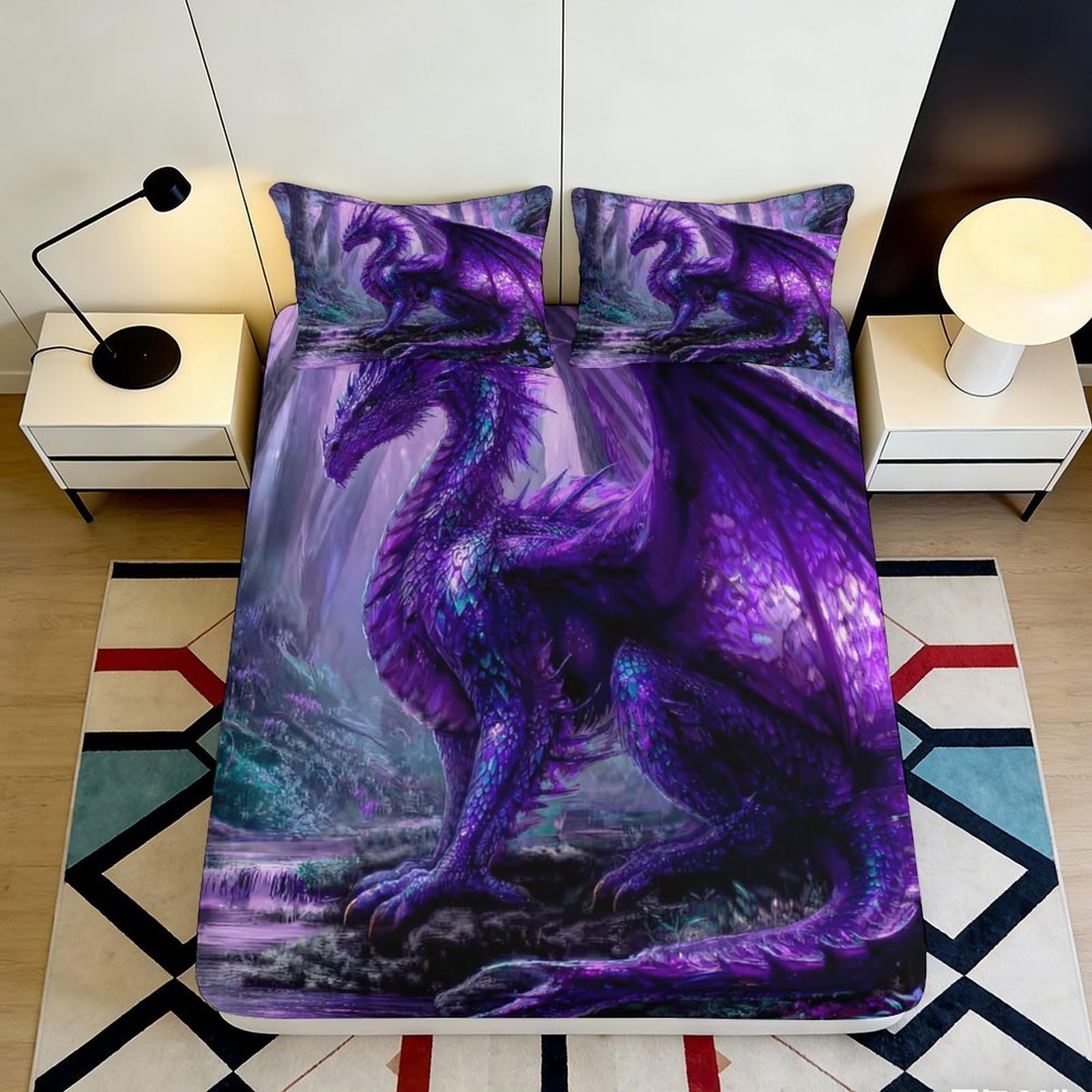 3D Printed Purple Dragon Fitted Sheet Microfiber Soft Non-slip Fantasy Forest Bed Cover for Bedroom Guest Room Decor 90x200x25cm