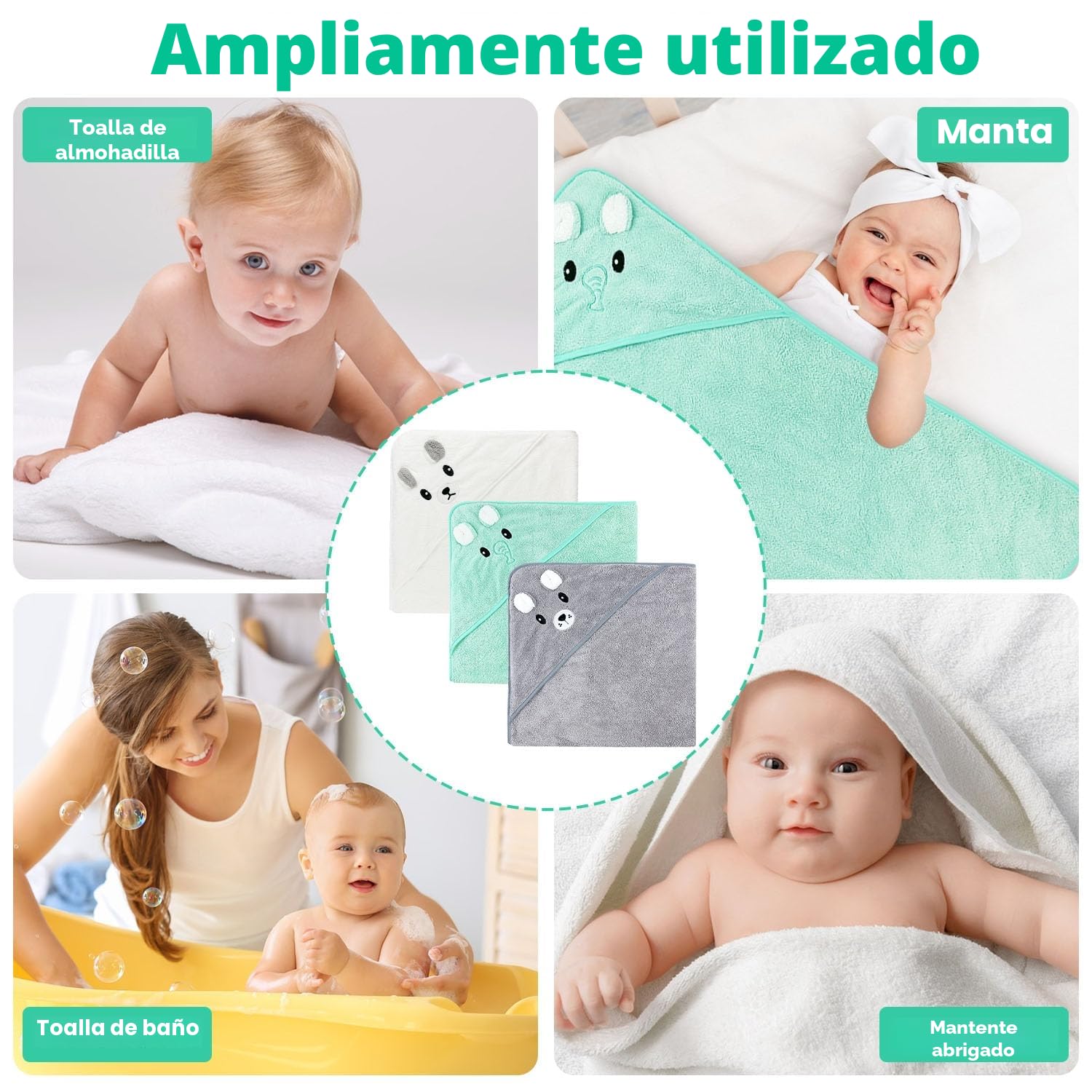 Toalla Bebé Recien Nacido, 3 Piezas 80 * 80cm Toalla Bebé, Capa de Baño Bebé, con Capucha, Felpa de Coral, Suave y Súper Absorbente, Lavable a Máquina, Accesorios Baño Bebé Recien Nacido