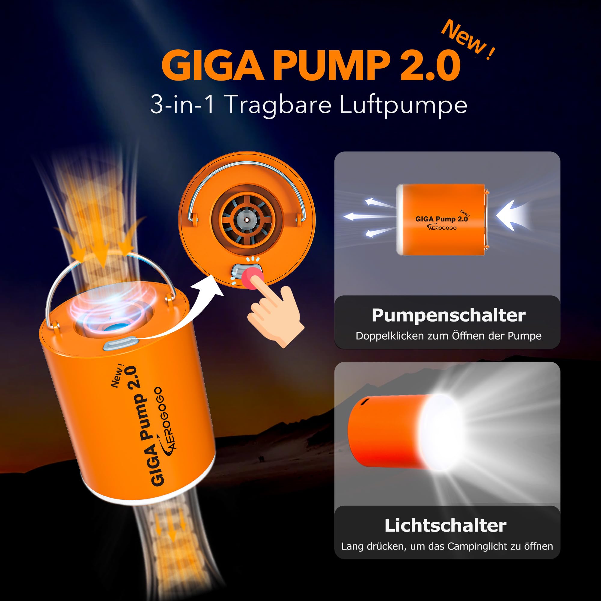 GIGA Pump 2.0 Pompe à air électrique portable 1300 mAh Batterie rechargeable Ultra Mini pompe de gonflage/dégonflage pour bouées, matelas gonflable, lit, jouet de piscine avec lumière 400 lm