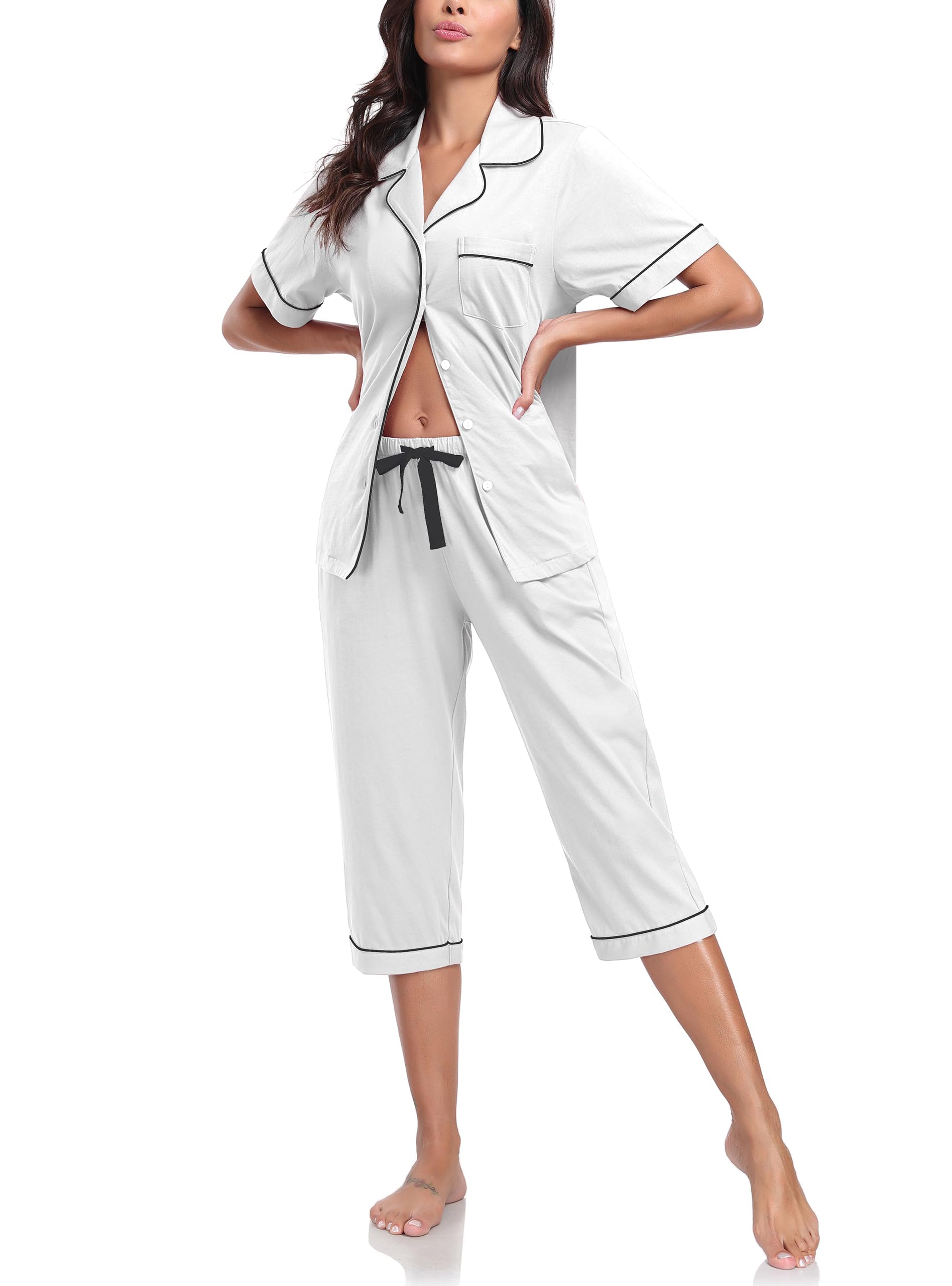 EA'S SECRET 100% Baumwolle Schlafanzug Damen Kurzarm-Oberteil 3/4 Hose Pyjama-Set V-Ausschnitt Knopfleiste Sommer S-XXL