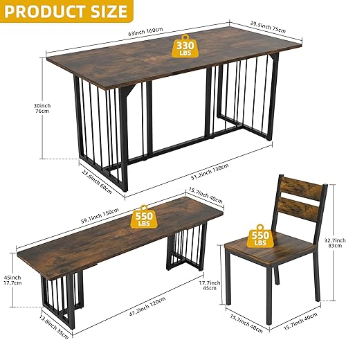 Miniatura 2 de DWVO Juego de mesa de comedor de 63 pulgadas para 6-8 personas, juego de mesa de cocina grande de 6 piezas con 2 bancos y 4 sillas, mesa de comedor