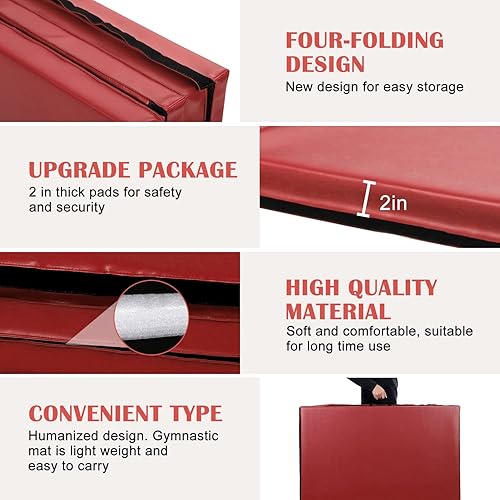 Miniatura 3 de Tapete de gimnasia plegable de 4 x 8 x 2 pulgadas, extra grueso de alta densidad antidesgarro con asas de transporte, cierre de gancho y bucle,