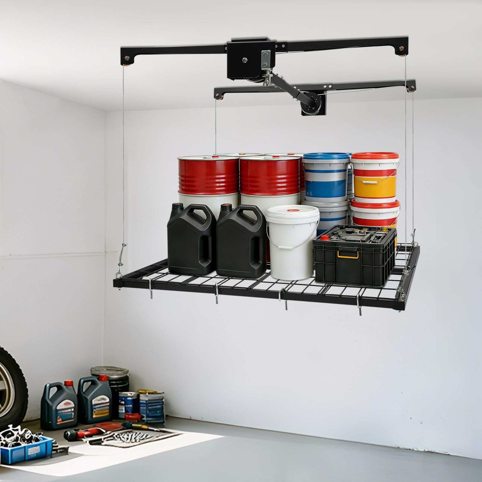 Ascensore per garage in acciaio al carbonio, regolabile con manovella, portata 136 kg, altezza di sollevamento: 200 cm, organizer salvaspazio per garage, facile installazione (A)