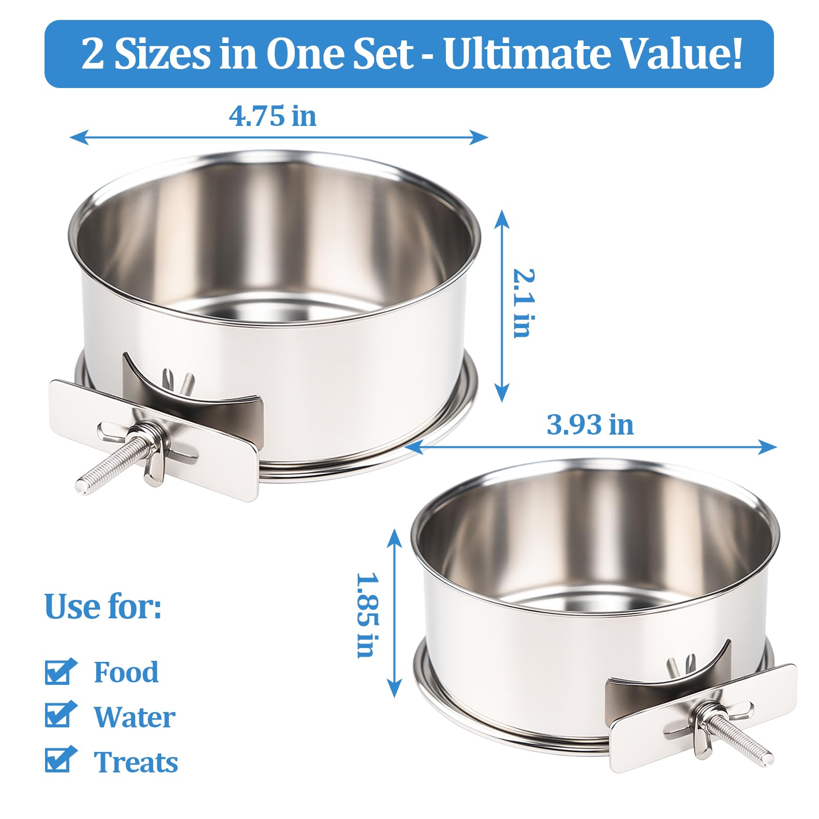 2 Pack Stainless Steel Bird Food Bowl Small Bird Feeding Dish Cups for Cage Parrot Food Bowl Cage with Clamp Holder for Parrots, Cockatiels, Small Animals (S+M) - image 2