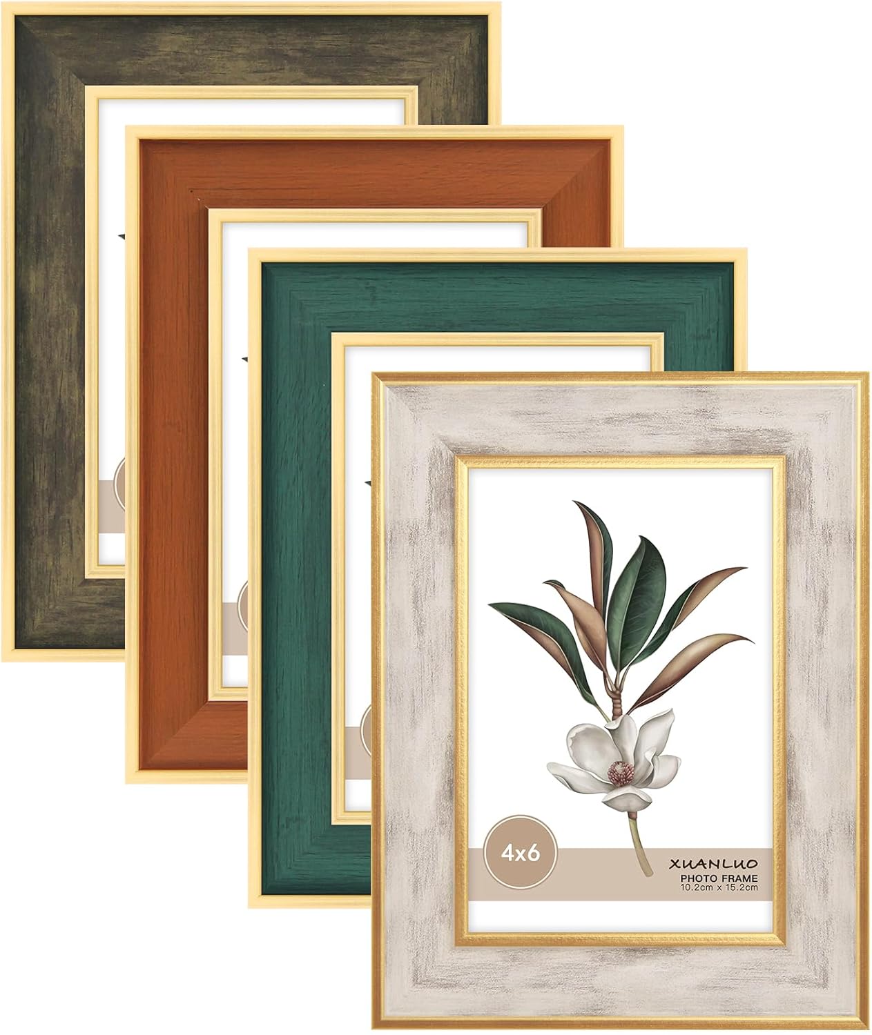 XUANLUO 4 Pack Picture Frames Farmhouse Rustic Picture Frame Sets with Distressed Wood Grain,Display Pictures Tabletop or Wall Decor (Mix Color, 4×6 (4pc))