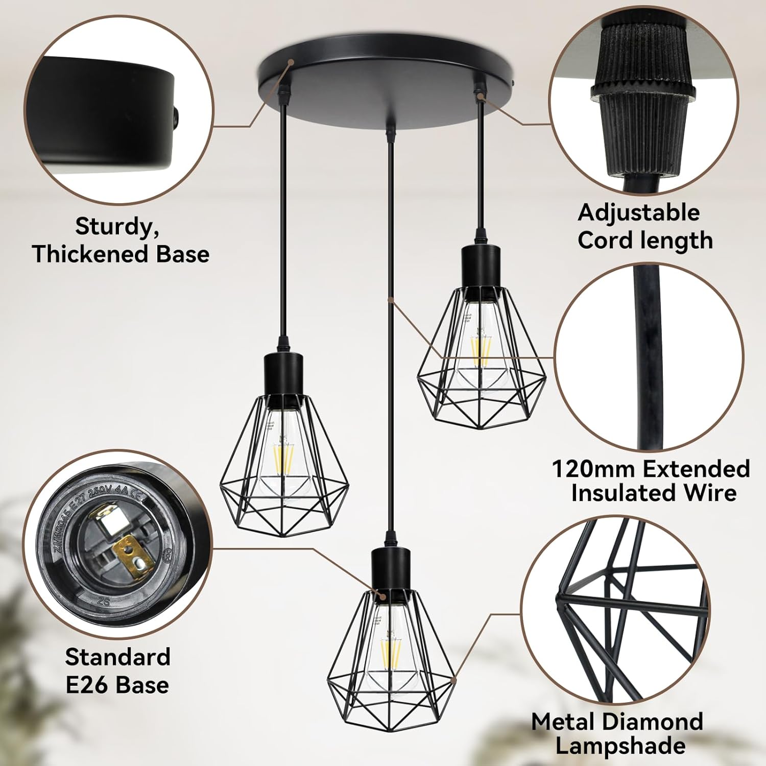 LTBLIGHT 3-Light Farmhouse Pendant Light Fixture, Vintage Hanging Lights with 1.2m Adjustable Cord, Ceiling Lighting for Kitchen Island Dining Room Hallway, E26 Base (Bulbs Not Included)