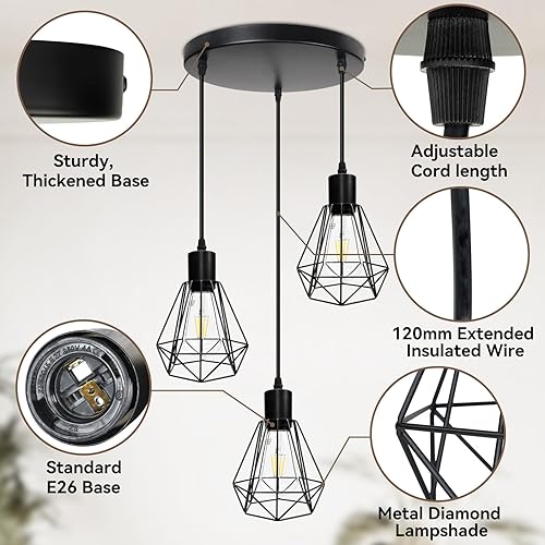 Miniatura 3 de LTBLIGHT Lámparas colgantes de 3 luces, lámparas colgantes ajustables estilo granja con base E26, lámpara de techo industrial vintage para isla de