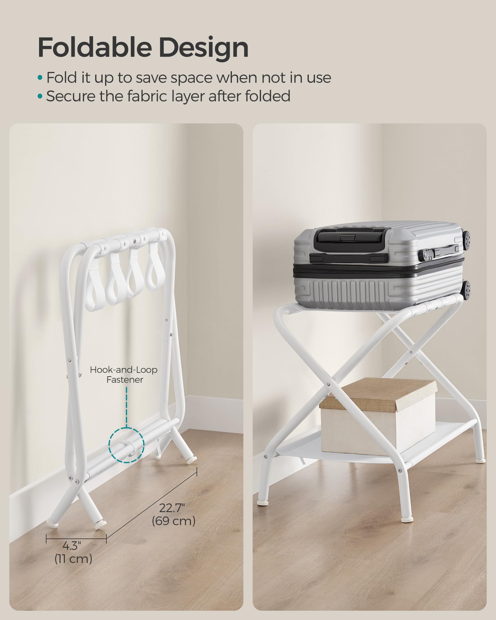SONGMICS Lot de 2 porte-bagages avec étagère de rangement en tissu, peut supporter jusqu'à 50 kg, 69,9 x 38,1 x 52,1 cm, blanc nuage RLR002W02