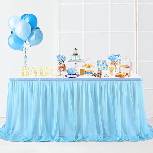 Faldas de mesa de gasa azul bebé para mesas rectangulares de 6 pies o mesas redondas, sin arrugas, falda de mesa azul bebé, fiesta de cumpleaños,