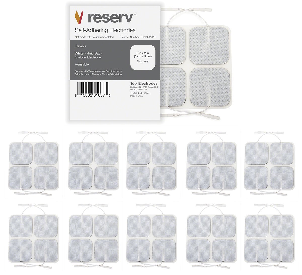 reserv 2 x 2" Premium Re-Usable Self Adhesive Electrode Pads for TENS/EMS Unit, Fabric Backed Pads with Premium Gel (White Cloth and Latex Free) (4 Pack (160 electrodes))