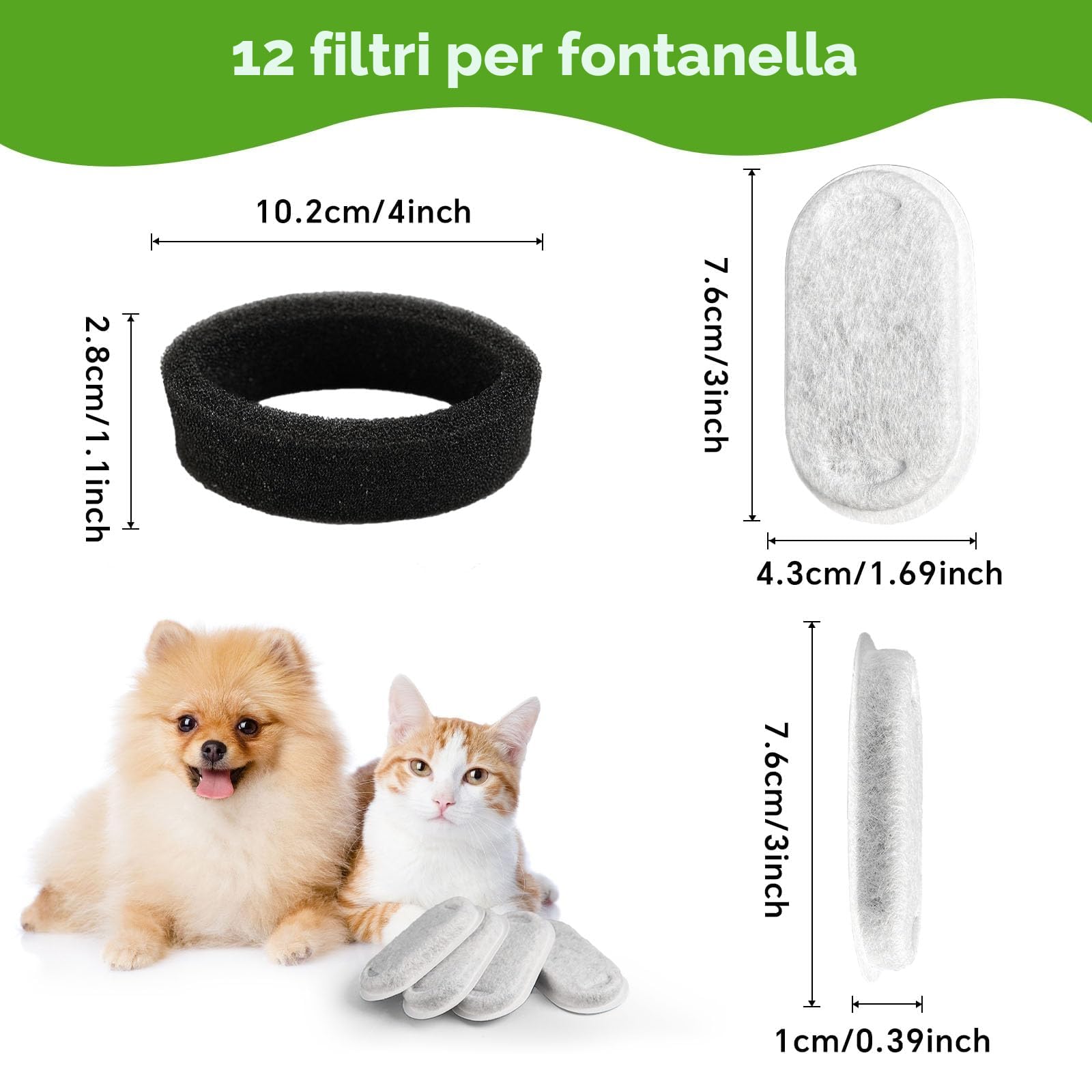 KOMABLEN 24 Pezzi Filtri Fontanella per Gatti, Filtro con 12 Filtro Carboni Attivi e 12 Spugna In Schiuma, Tripla Filtrazione Filtri Fontana Gatto Cappa, Cani Filtri di Ricambio per Acqua