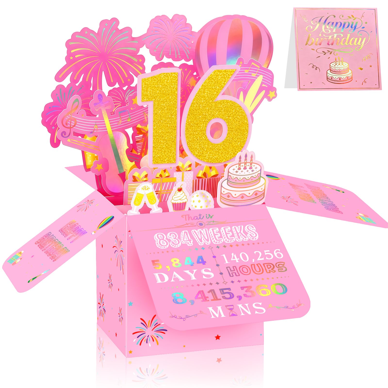 16th Birthday Card for Girls, 3D Pop Up Birthday Greeting Card, Pink & Gold 16 Years Old Birthday Decorations for Her, Ideal for Daughter, Sister, and Special Cousin