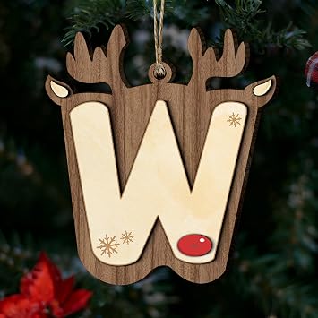 Christmas Wooden Reindeer Letter Ornaments - Natural Wood Alphabet Hanging Decor with Jute String, DIY Name/Word Xmas Tree Ornament, Personalized Tag for Home Party Decoration Letter W