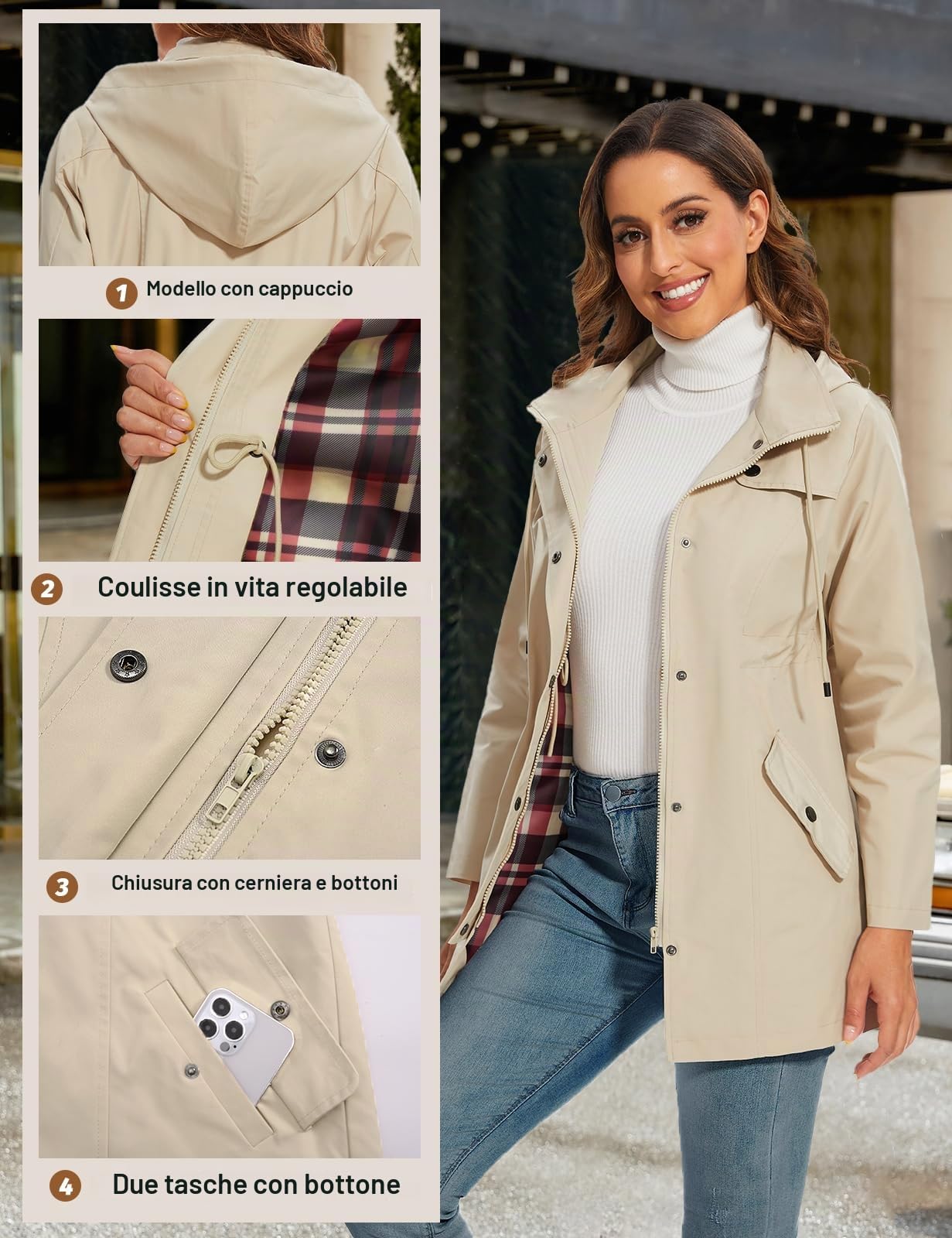 UMIPUBO Giacca Impermeabile Donna Leggero Cappotto con Cappuccio Pioggia Lunga Fodera a Scacchi Vento Giacca Antipioggia Sportiva Trekking Outdoor Giacca a Trench All'aperto