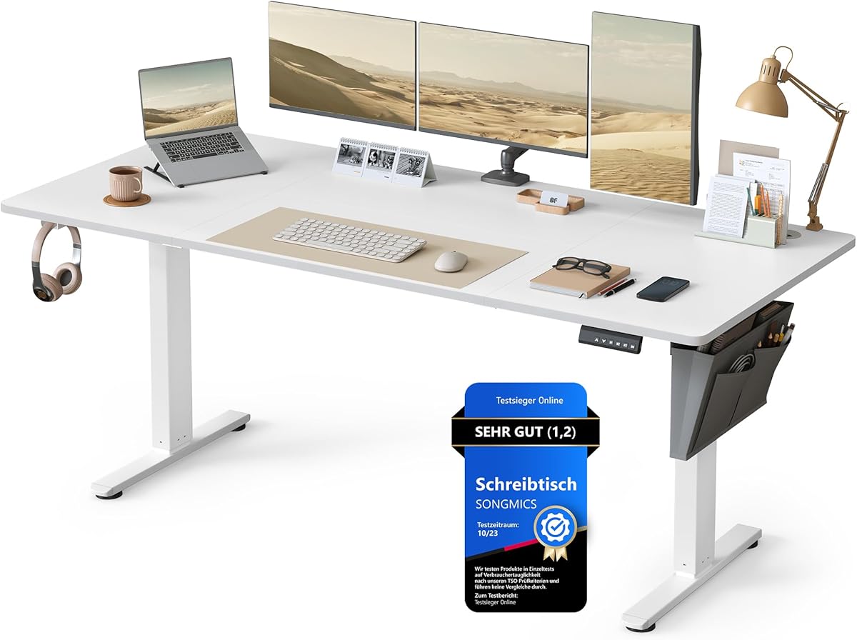 SONGMICS Höhenverstellbarer Schreibtisch elektrisch, 180 x 80 cm, stufenlos verstellbar, Memory-Funktion mit 4 Höhen, wolkenweiß LSD138W01