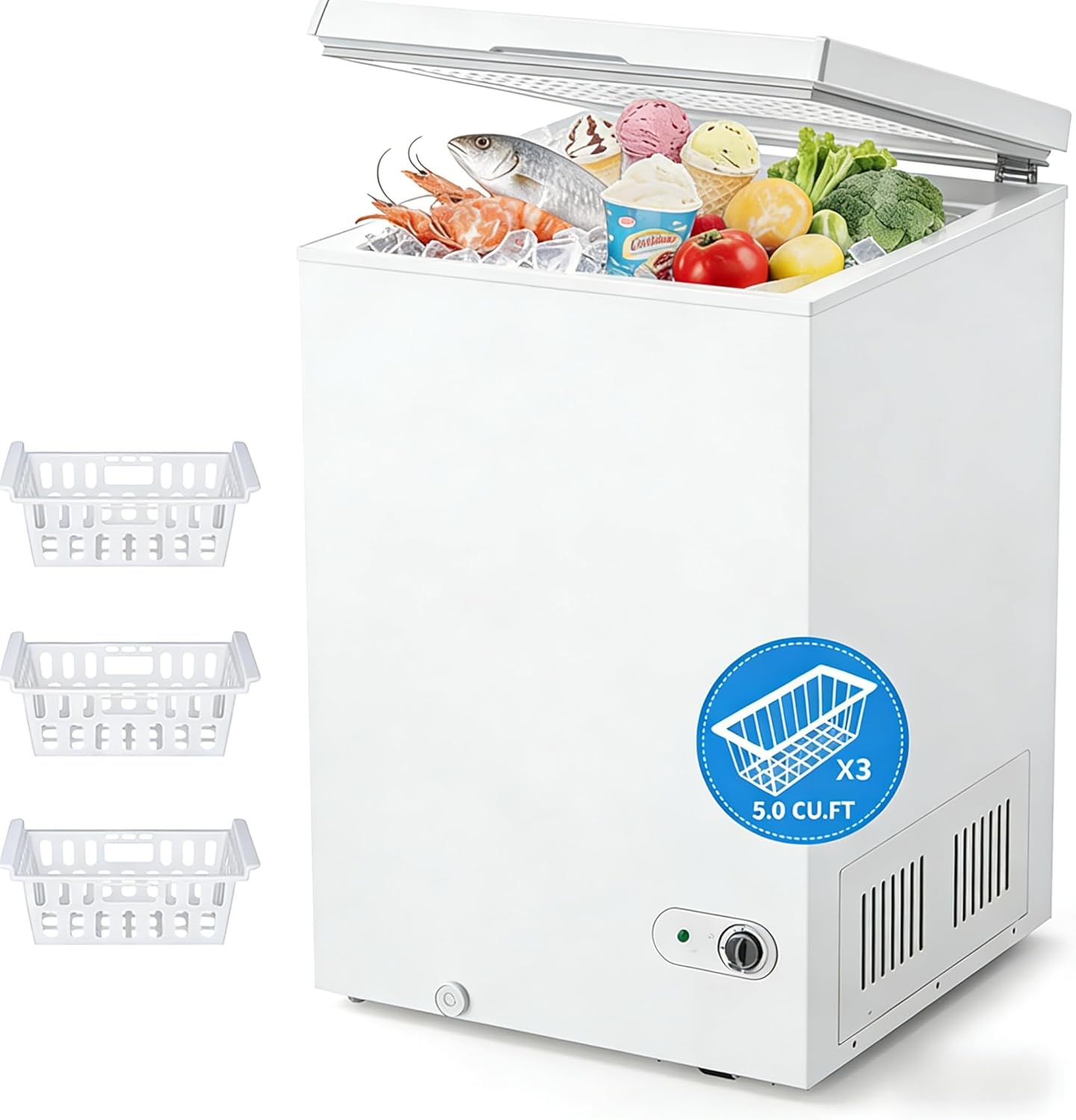 Cowsar 5.0 Cu.Ft Deep Freezer with 3 Basket, Quiet Chest Freezer Adjustable 7 Thermostat, Compact Freezer Free-Standing Top Door, Energy Saving for Apartment/Garage/Basement/Dorm/Home,White