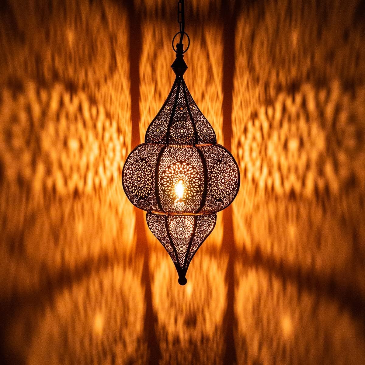 Orientalische Lampe Pendelleuchte Lunar Schwarz 40cm E27 Lampenfassung | Marokkanische Ramadan Hängeleuchte Leuchte aus Marokko | Orient Lampen für Wohnzimmer Küche oder Hängend über den Esstisch