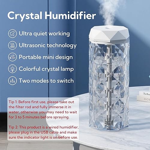 Miniatura 2 de Humidificador USB de cristal con luz LED de 7 colores, tecnología ultrasónica, 2 modos de pulverización, funcionamiento ultrasilencioso, diseño