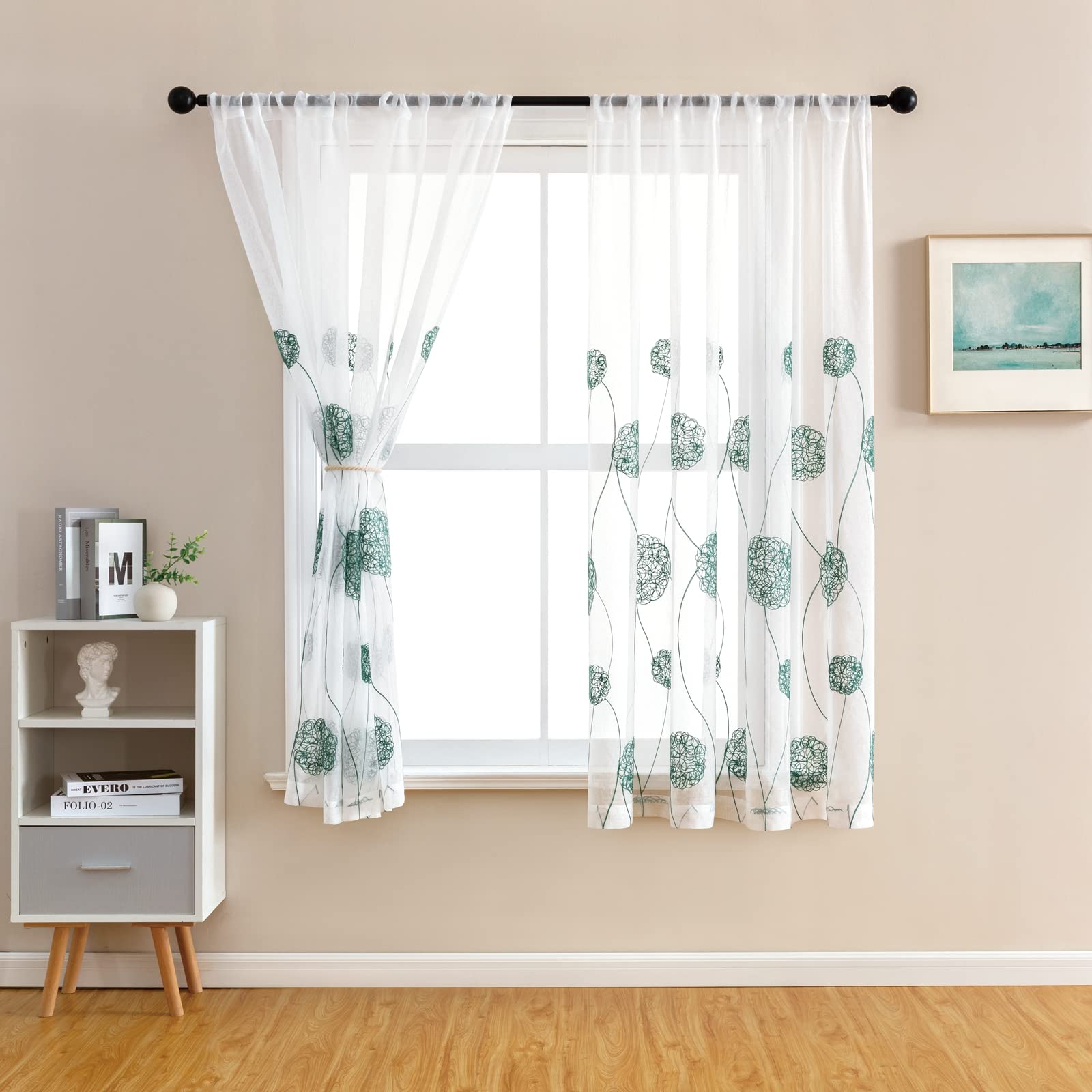 MRTREES Voile Sheer Curtain Panels, Flower Embroidery Sheer Living Room Drapes Rod Pocket, Light Filtering Window Curtains Treatments for Bedroom/Yard/Patio/Villa/Parlor(2 Panels, 54x72 Inches, Green)