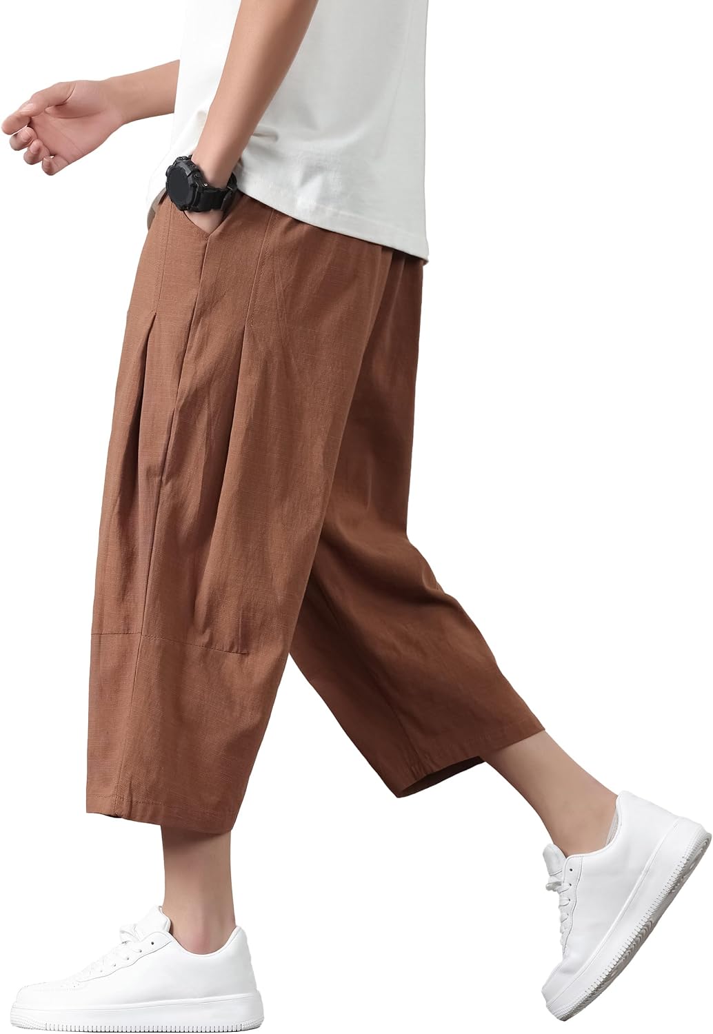 PRIJOUHE Mens Harem Pants Casual Lightweight Loose Fit Capri Pants Linen Beach Pants with Elastic Waistband