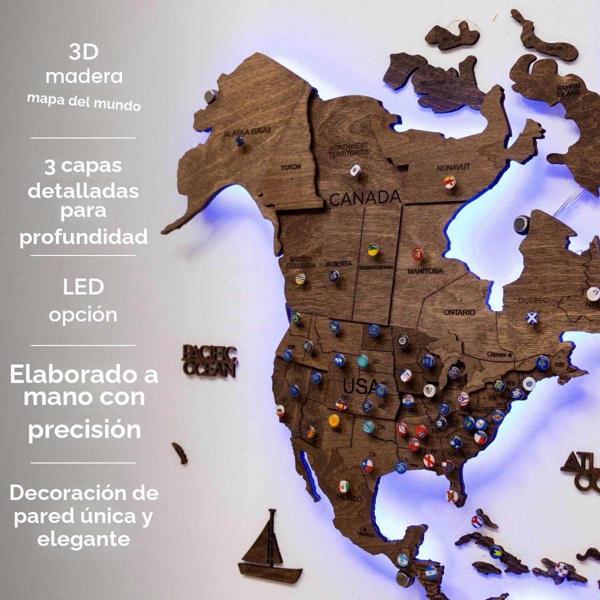 Enjoy The Wood Mapa del mundo de madera 3D LED arte de pared moderno para decoración del hogar, regalos de iluminación LED, decoración de pared, regalo de inauguración de la casa (Dark Walnut)