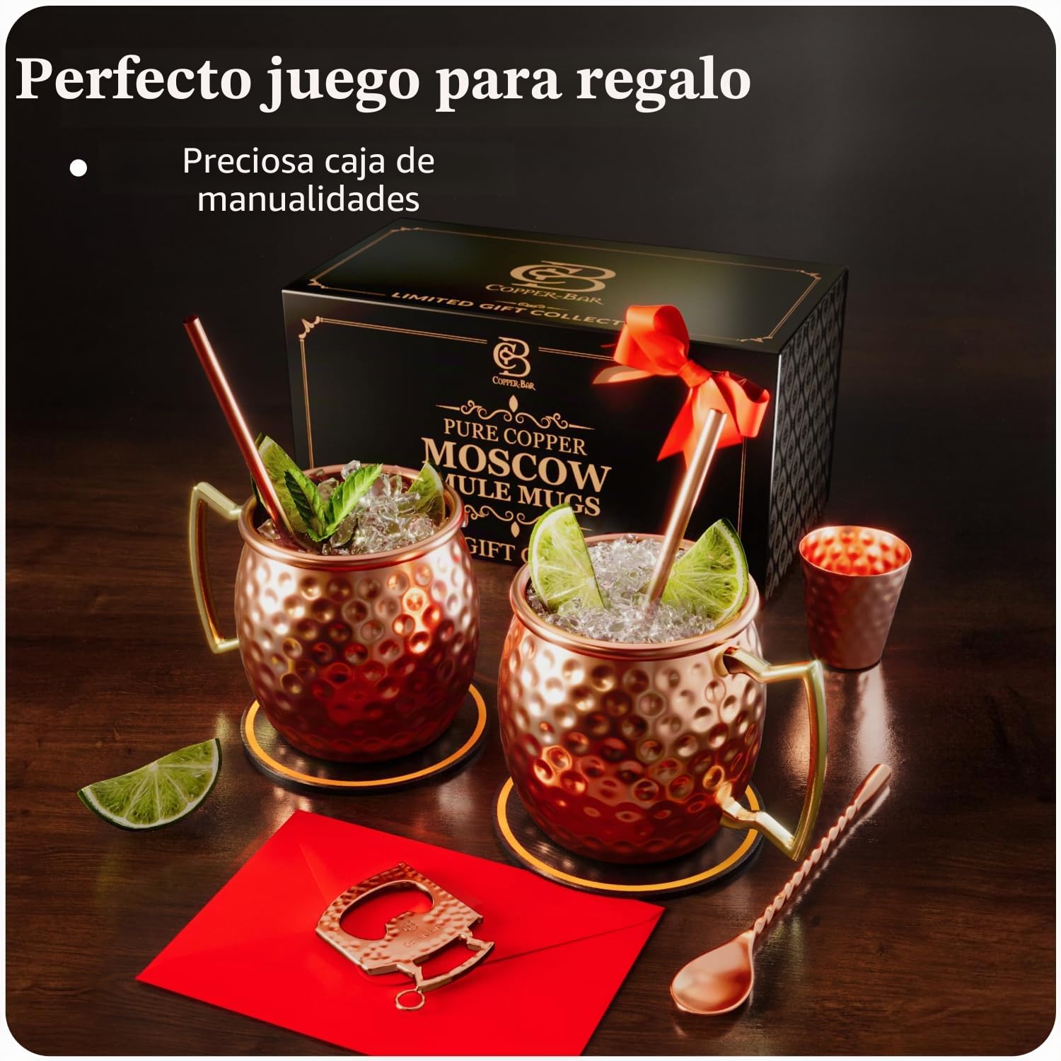 Moscow Mule tazas 100% sólido cobre, martillado, Set de regalo de 2, 16oz, no níquel auténtico mango, Bonus: 2 pajitas + 1 shot cristal + agitador & 2 Libros Electrónicos por copper-bar