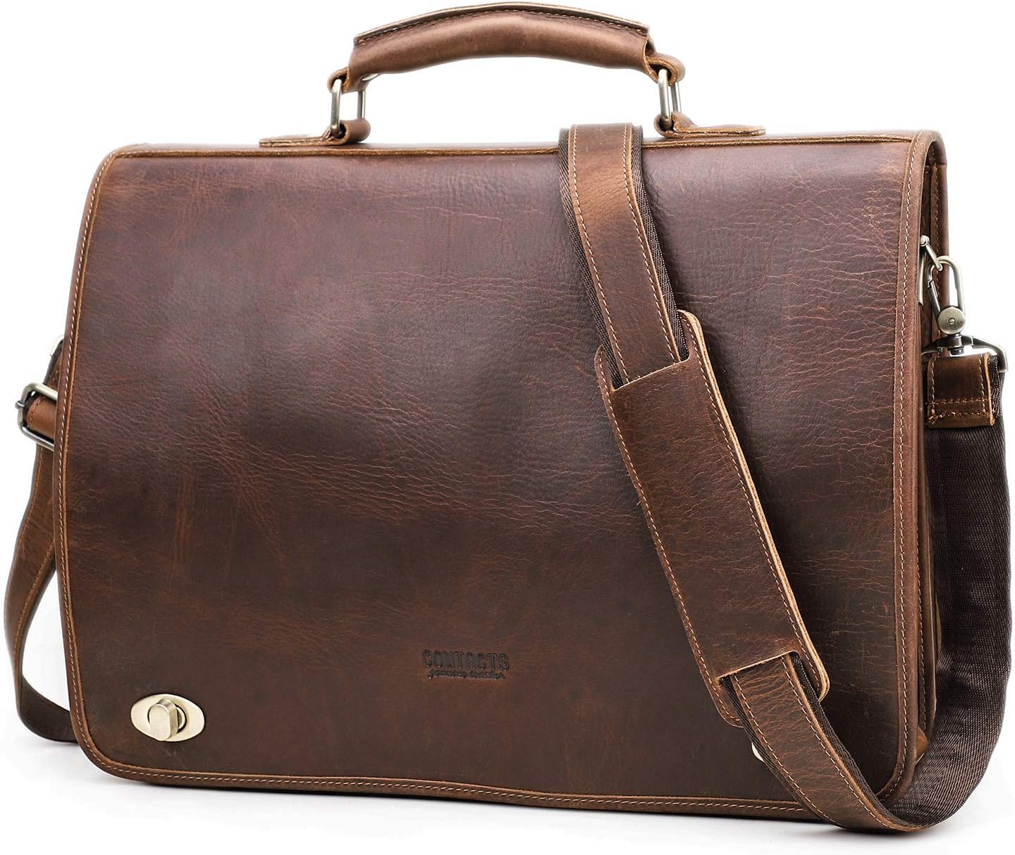 CONTACTS Messenger Bag for Men Large 15.4 Inch Briefcase Crazy Horse Leather Laptop Bag Vintage Crossbody Shoulder Handbag for Work Travel
