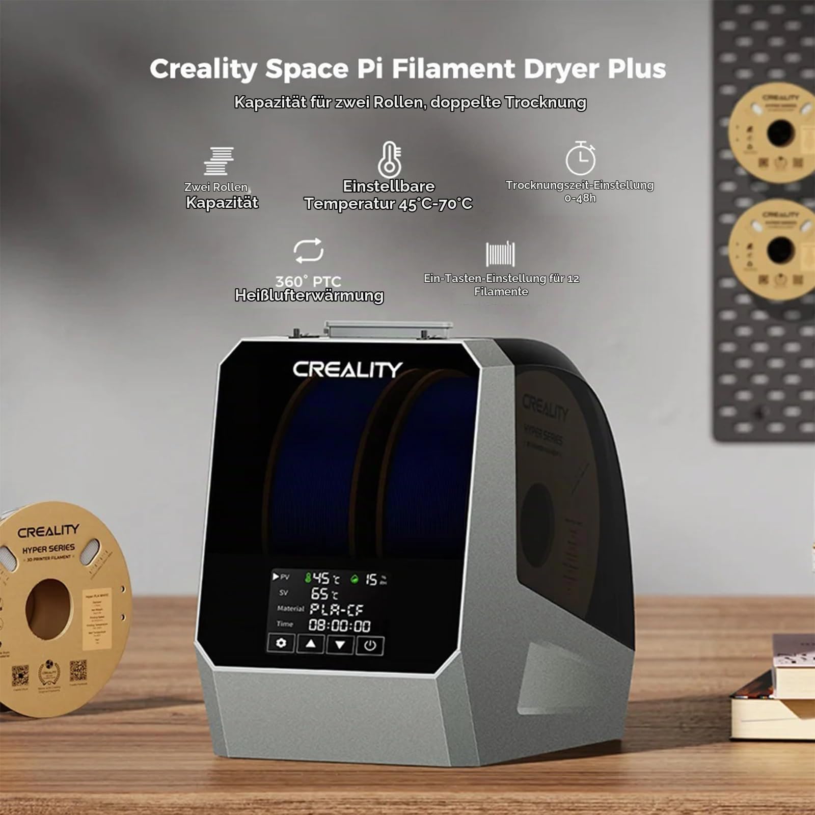 Creality 2 Rollen Filament Trockner, Space Pi Plus 3D Drucker Filamenttrockner, Doppelte 360° Heißluftheizung, Filament Dehydrator für 1.75/2.85mm PLA PETG ABS TPU Nylon
