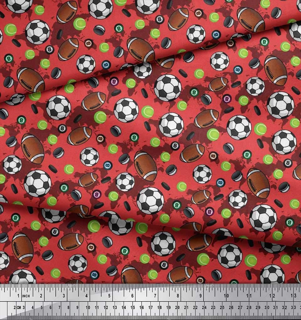 Soimoi Silk Orange Fabric - by The Yard - 42 Inch Wide - Cricket Ball, Rugby & Football Sports - Tri-Sport Extravaganza with Cricket Ball, Rugby, and Football Prints Printed Fabric