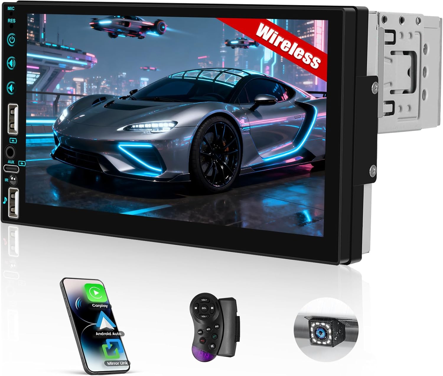 CAMECHO Car Radio 1 Din Wireless Carplay Android Auto Bluetooth with Touch Screen LED 7 Inches with Youtube Online, Mirror Link, Steering Wheel Control + 2 USB Connections AUX Type C