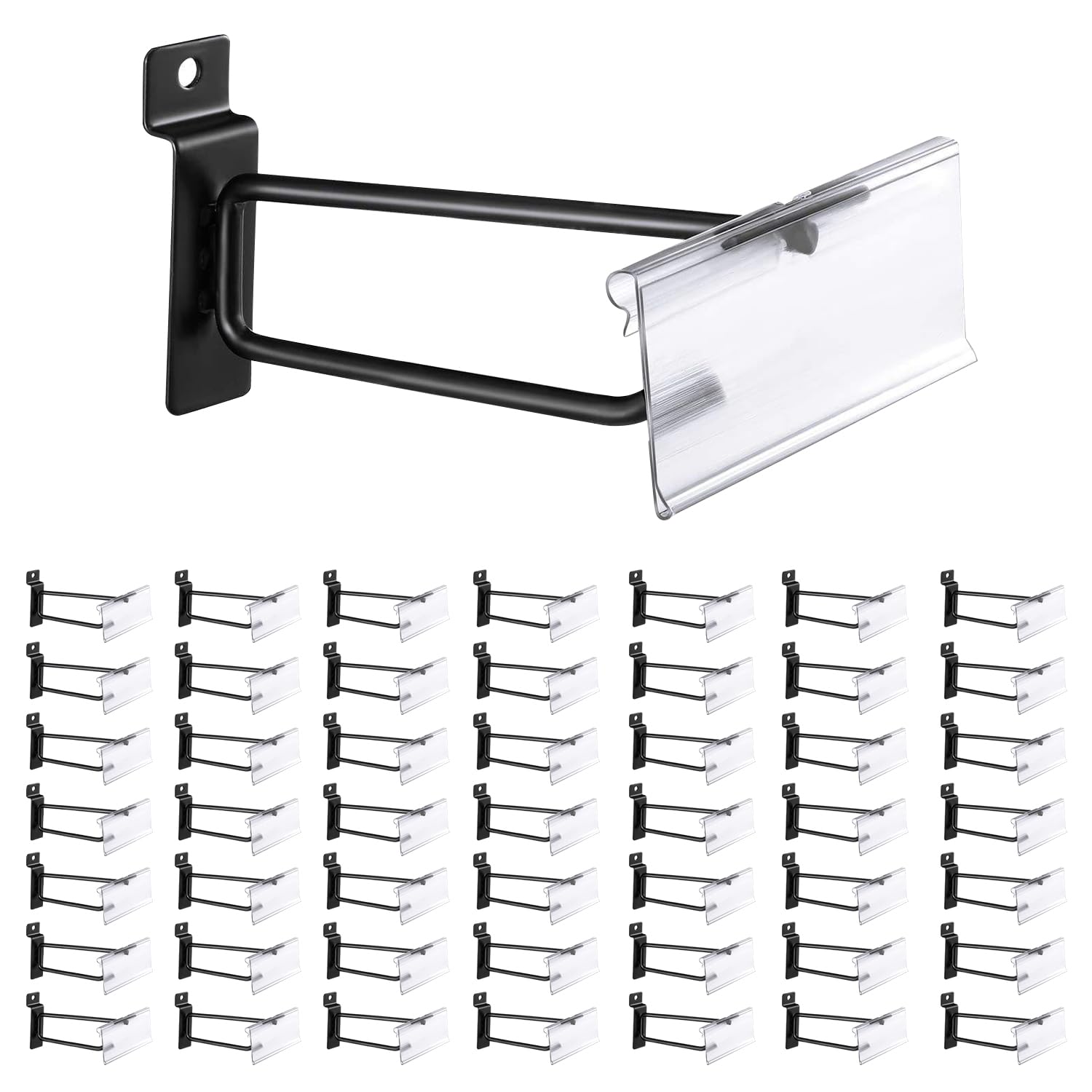 Photo 1 of Suntree Heavy Duty 6" Slatwall Hooks with Label Holder, 50 Pack Double-Bar Black Metal Slatwall Panel Hangers for Retail Shop Garage Display