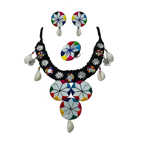 Handmade Braid Design Black CHOKER SET for Girl and Woman | Choker Necklace with Earrings and Finger Ring | Navratri Festival