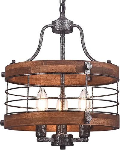 Miniatura 1 de Lámpara de techo vintage de madera estilo granja, 3 luces circulares modernas de metal y madera, lámpara colgante de tambor rústico con cadena