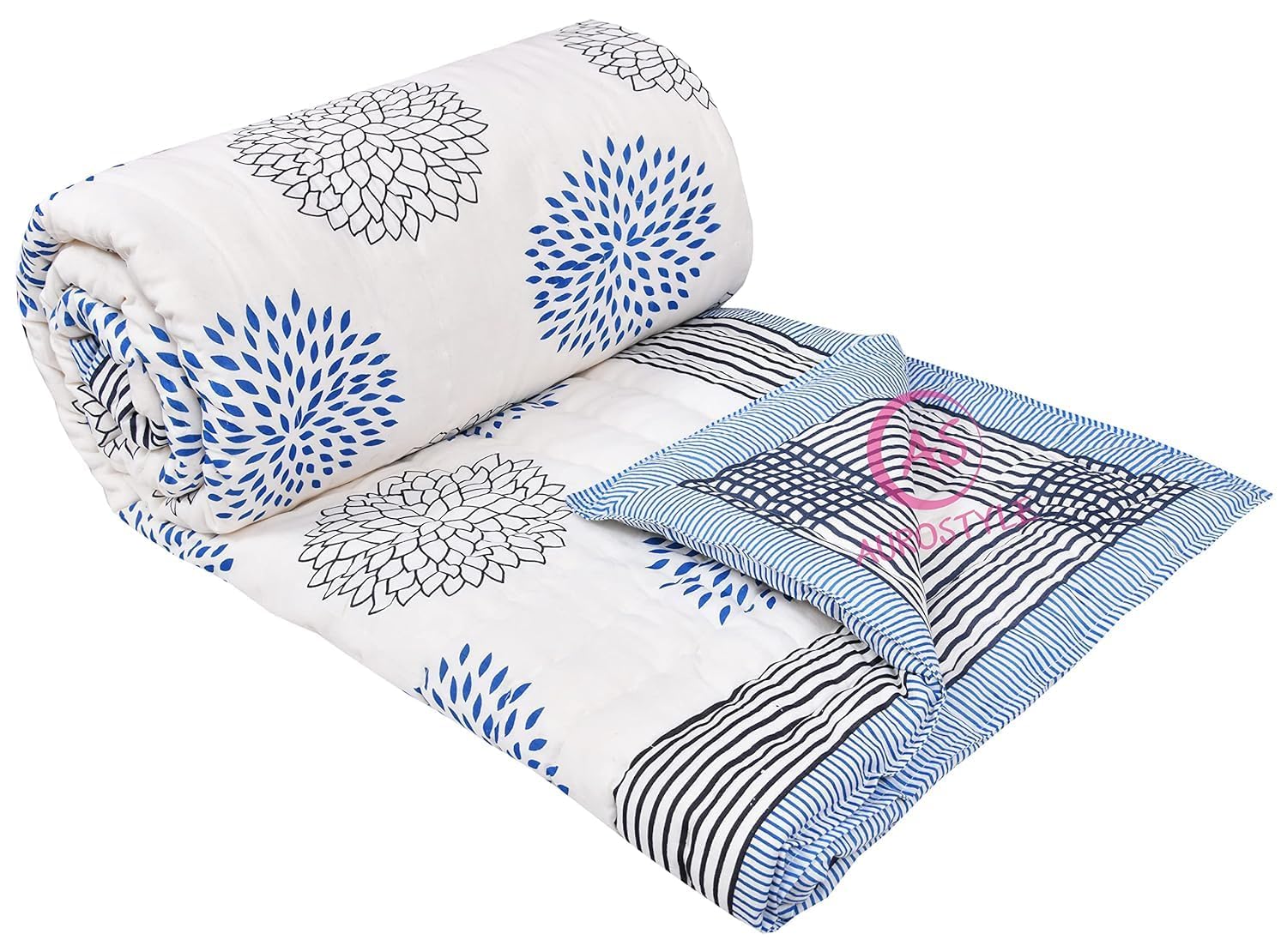 Pure Cotton 400 TC Traditional Rajasthani Hand Block Printed Double Bed Jaipuri Quilt/Razai/Rajai (Light Weight, Multicolor, Double Bed-90 x 108 Inches) (Design-9)