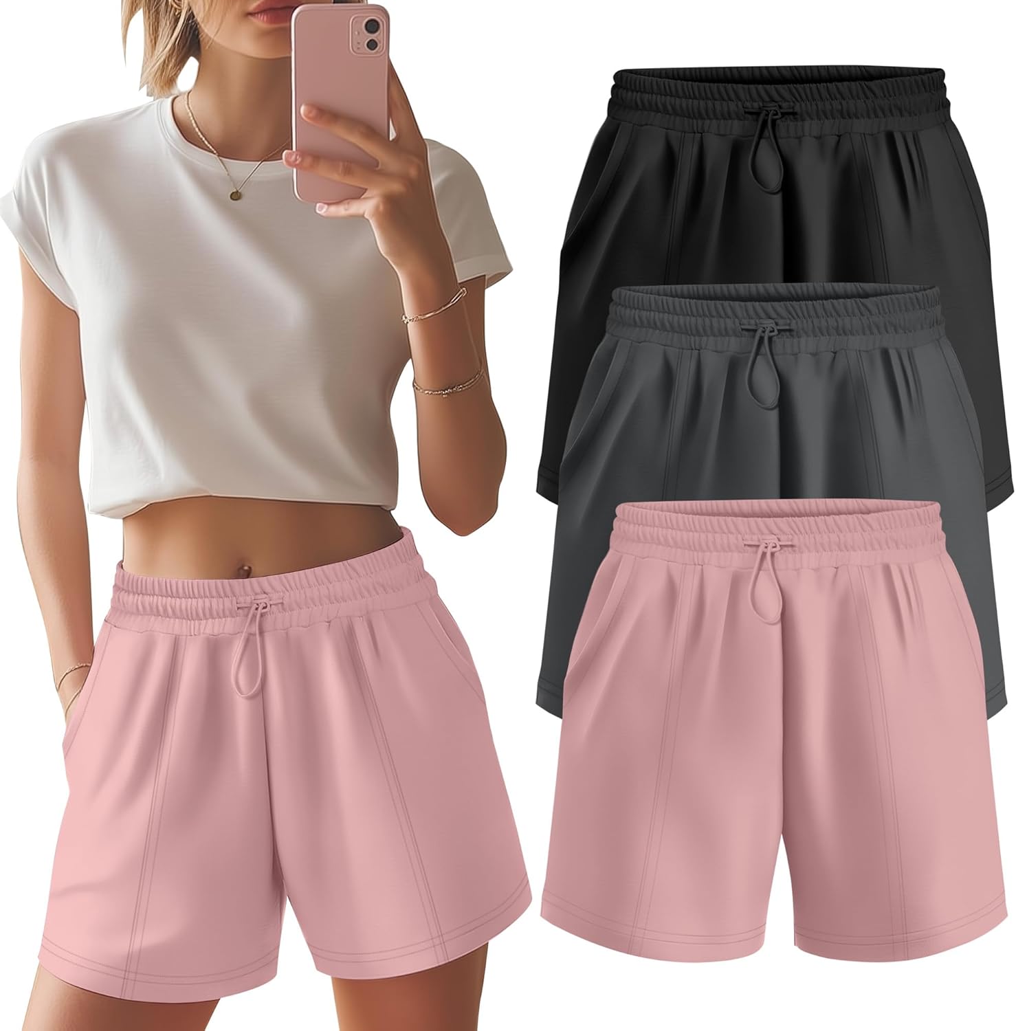 Neer 3 Pack Women's Drawstring Sweat Shorts High Waisted Casual Summer Athletic Elastic Running Shorts with Pockets