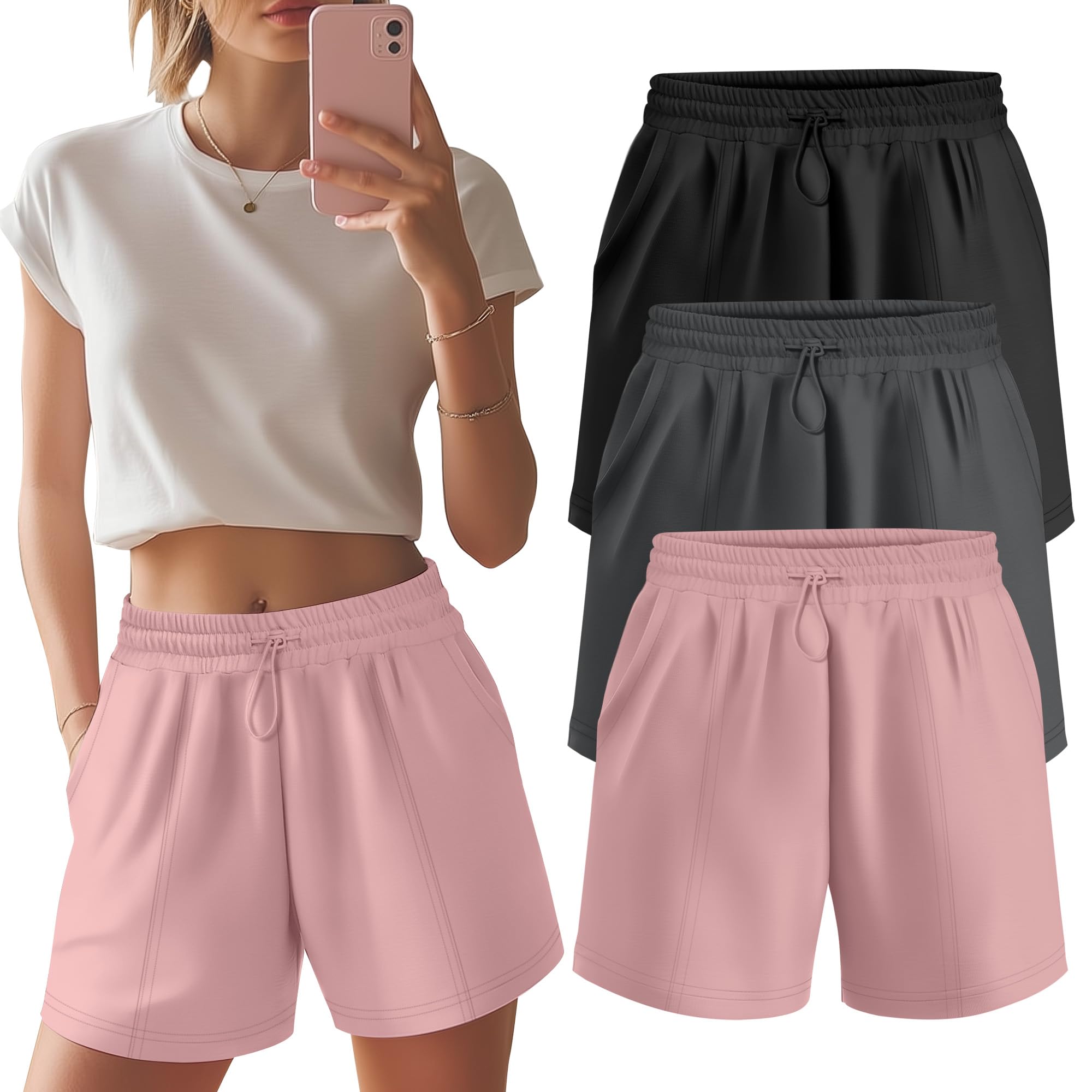 Neer 3 Pack Women's Drawstring Sweat Shorts High Waisted Casual Summer Athletic Elastic Running Shorts with Pockets