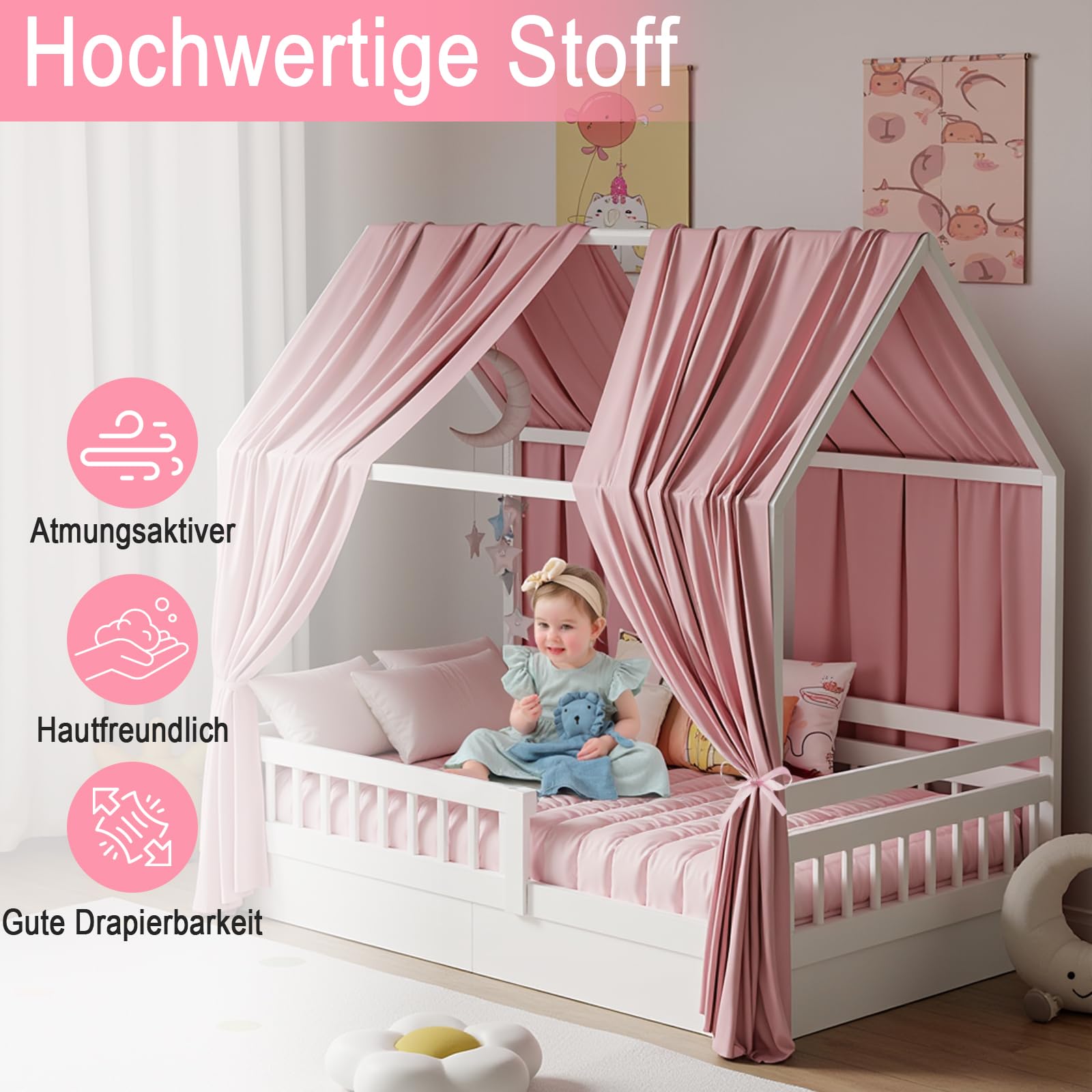 Hausbett Himmel, Betthimmel Hausbett Musselin mit 2 Stück Betthimmel, Stoffhimmel für Hausbetten Mädchen Jungen Baldachin Kinderbett Kinderzimmer Deko -67 x 270 cm Rosa